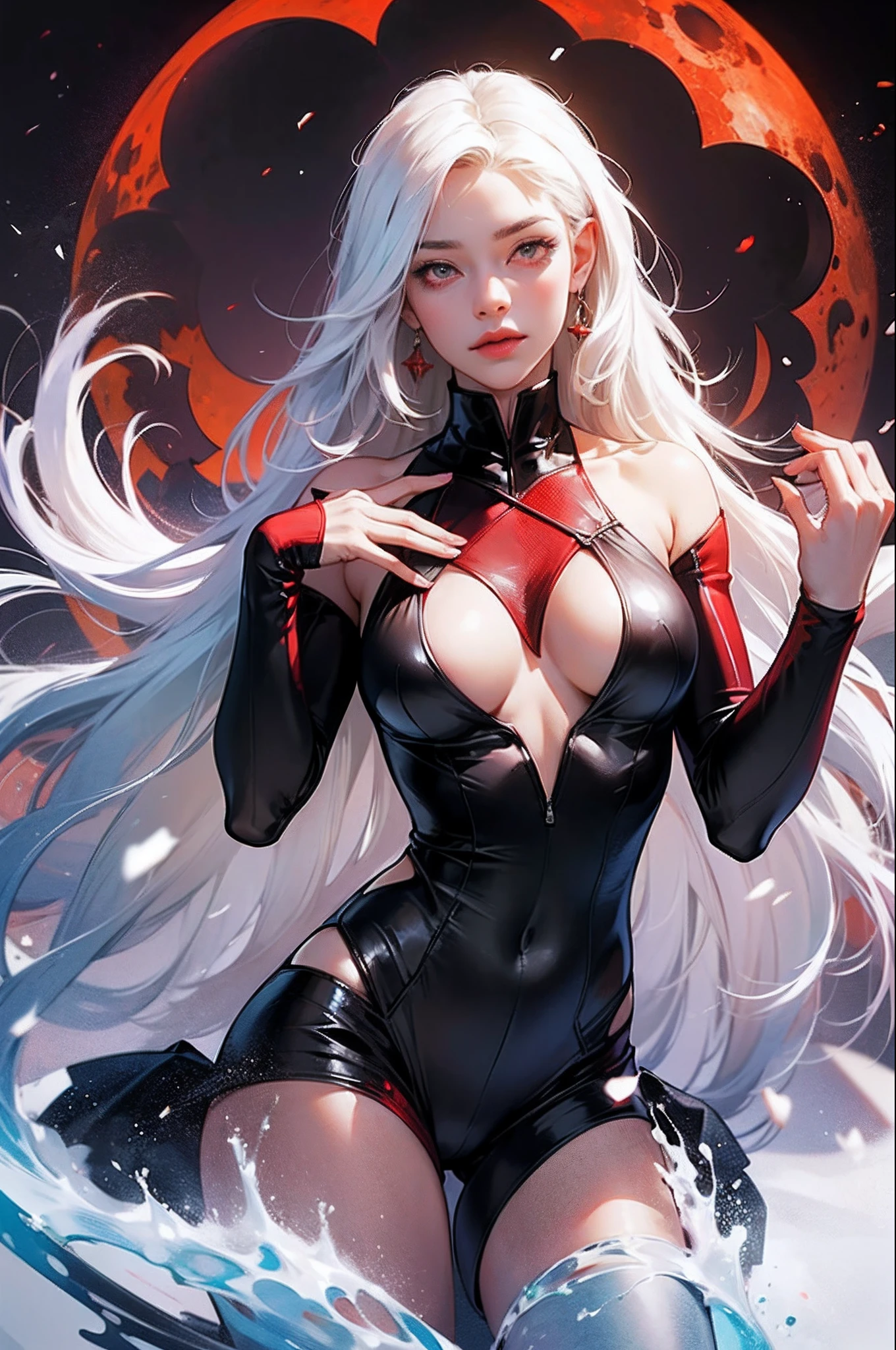masterpiece, (photorealistic:1.4), best quality, beautiful lighting, (ulzzang-6500:0.5, RAW photo, 8k uhd, ((red eyes)), ((ringed eyes)), (white hair), (braised hair), (long hair), (standing), (solo), (full body)), break, Lysiria is a striking vampire with snow-white hair that falls in waves to her shoulders. Her eyes are a burning red, hypnotic and revealing of her vampiric nature. Her body is that of an athlete, well-defined and sculpted, making her a sensual and powerful presence wherever she goes, break, (medieval castle background), (red moon in the sky) --auto --s2