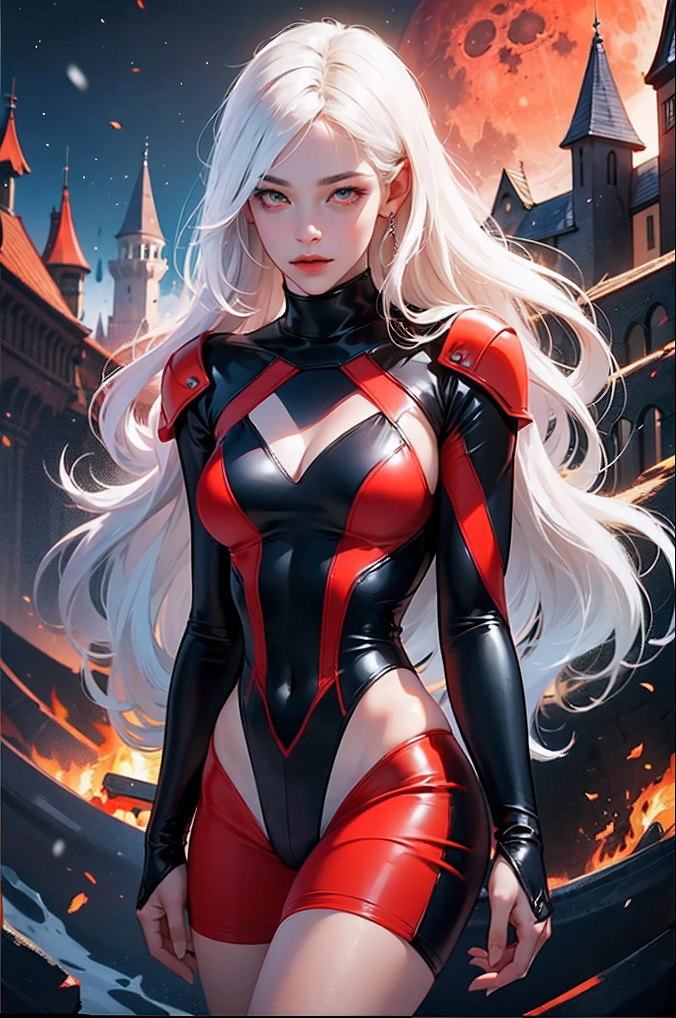 masterpiece, (photorealistic:1.4), best quality, beautiful lighting, (ulzzang-6500:0.5, RAW photo, 8k uhd, ((red eyes)), ((ringed eyes)), (white hair), (braised hair), (long hair), (standing), (solo), (full body)), break, Lysiria is a striking vampire with snow-white hair that falls in waves to her shoulders. Her eyes are a burning red, hypnotic and revealing of her vampiric nature. Her body is that of an athlete, well-defined and sculpted, making her a sensual and powerful presence wherever she goes, break, (medieval castle background), (red moon in the sky) --auto --s2