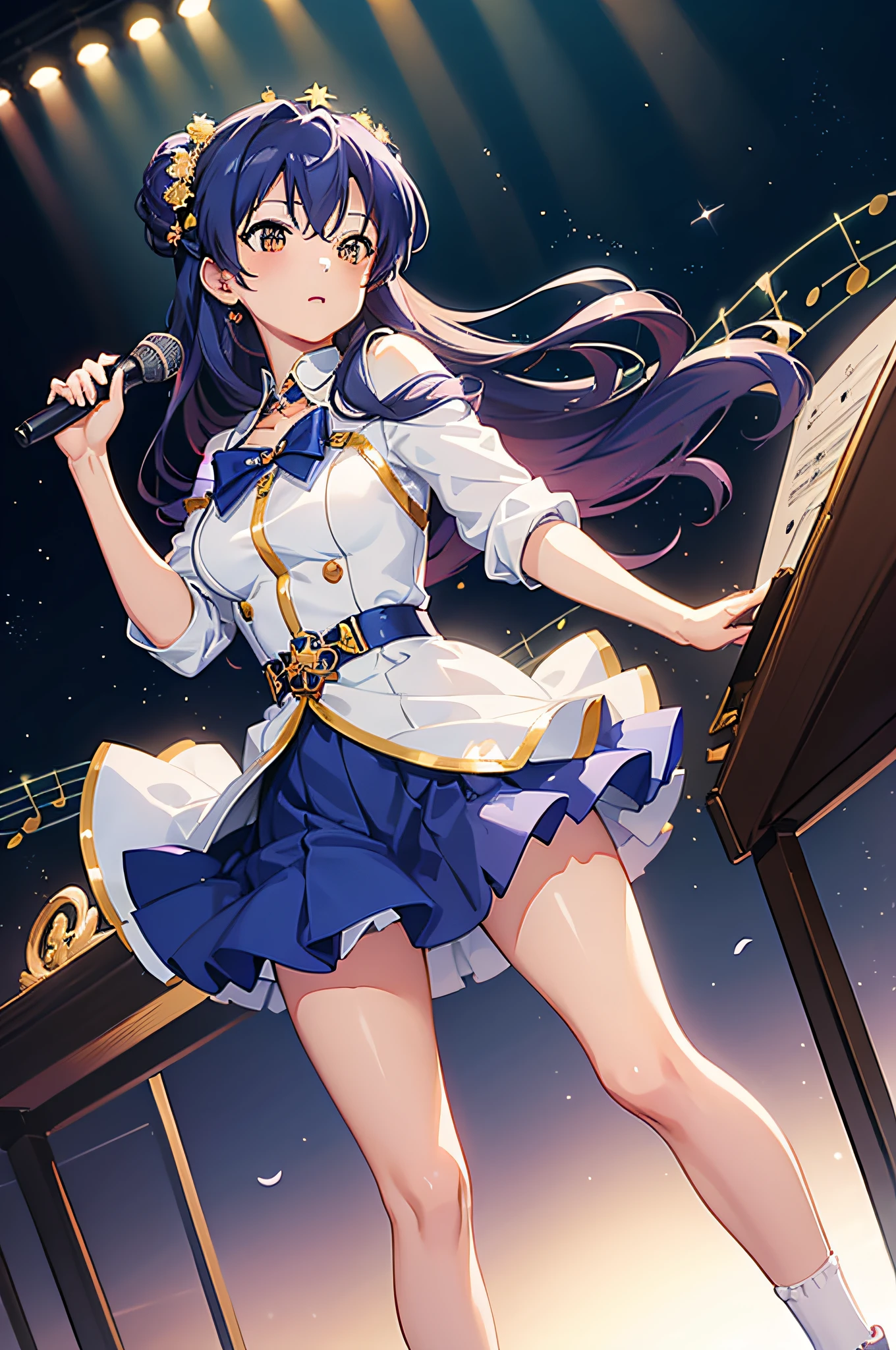 masterpiece, best quality, kisaragi chihaya, solo, 1girl, ((musical notation)) vector background:0.2], anime, idolmaster, singing, long blue hair, brown eyes, idol,  knee length skirt,white shirt