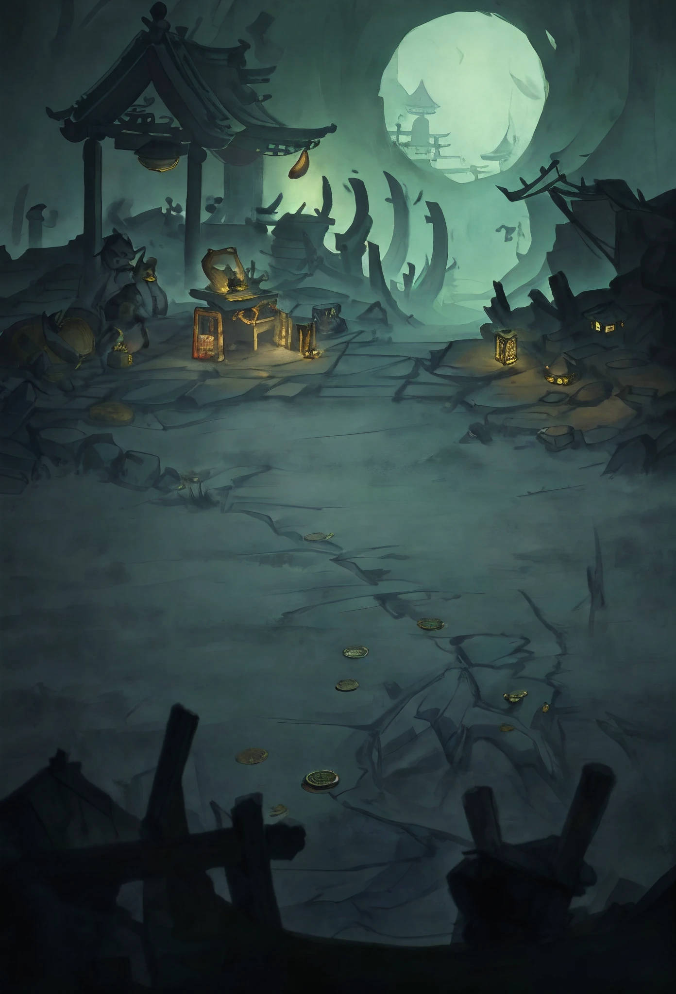 Dimly lit scene,In the distance there are treasure chests and scattered gold coins,the night,There are bone marks on the stone floor,China-style,Ink wind