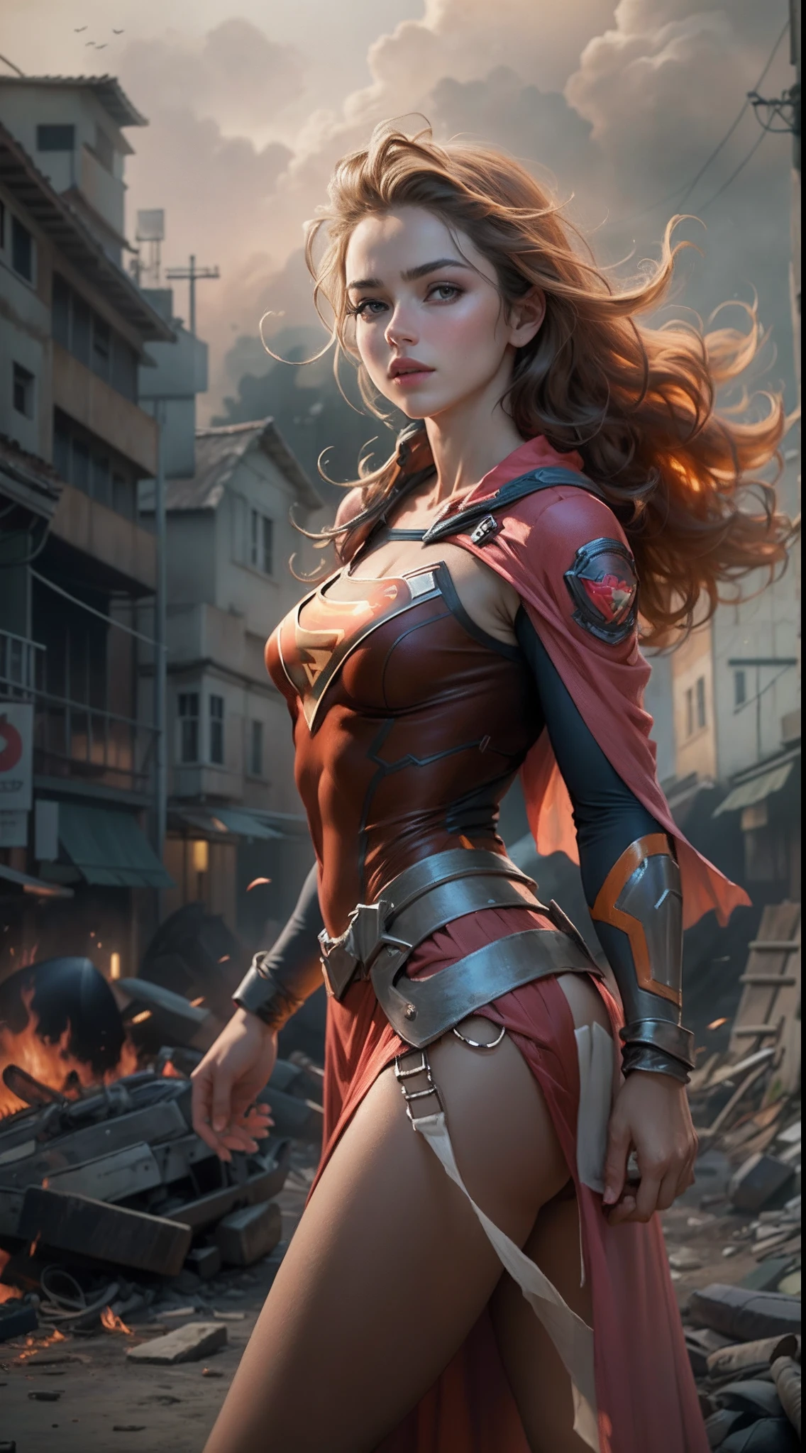 motor irreal:1.4,CG ultra realista 64K, fotorrealista:1.4, textura de la piel:1.4, obra maestra:1.4,posing behind Beautiful Woman in a Supergirl costume standing in front of an apocalyptic city of fire, mostrando vientre plano,Minifalda roja, ,hermosas manos finas,