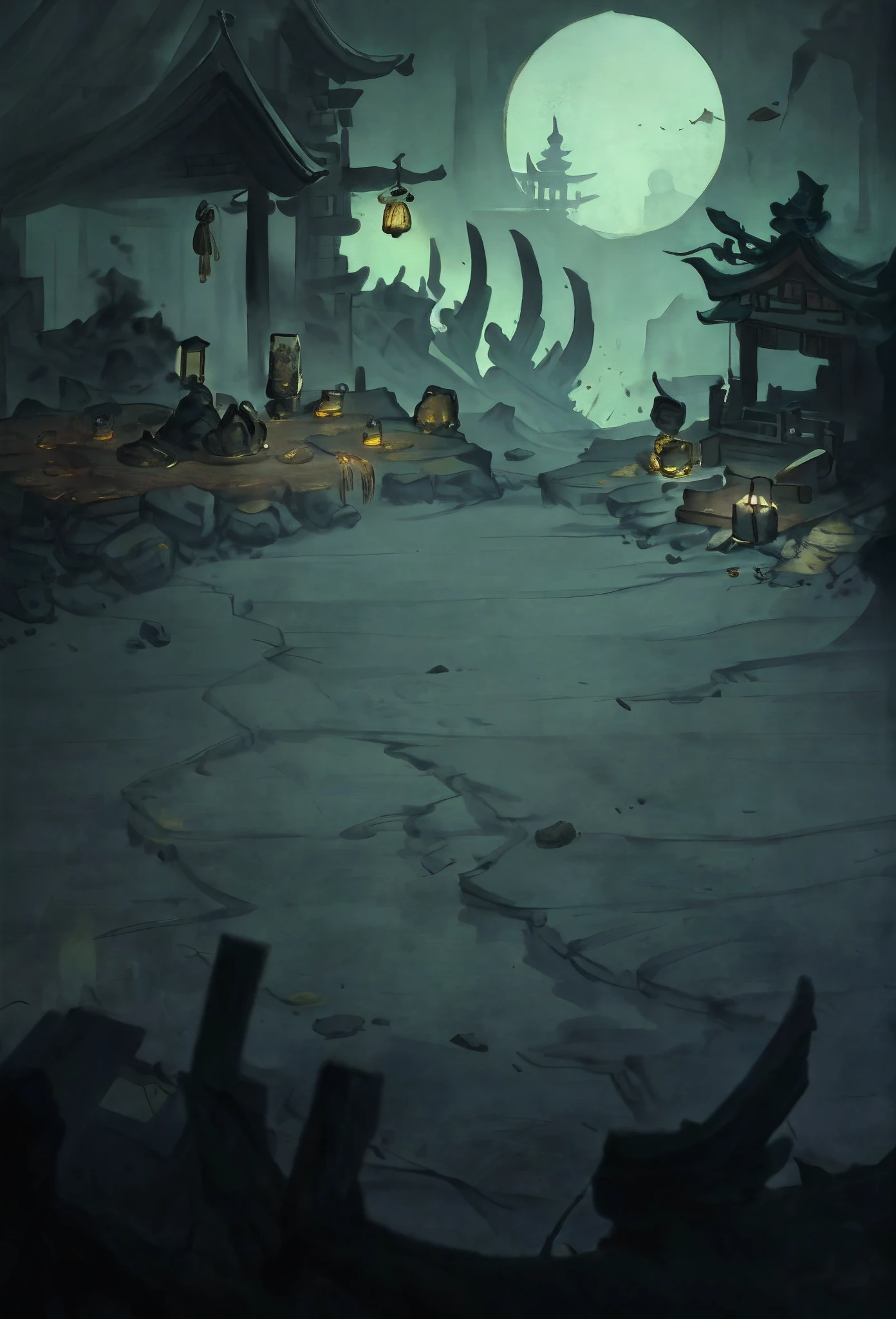 Dimly lit scene，In the distance there are treasure chests and scattered gold coins，the night，There are bone marks on the stone floor，China-style，Ink wind