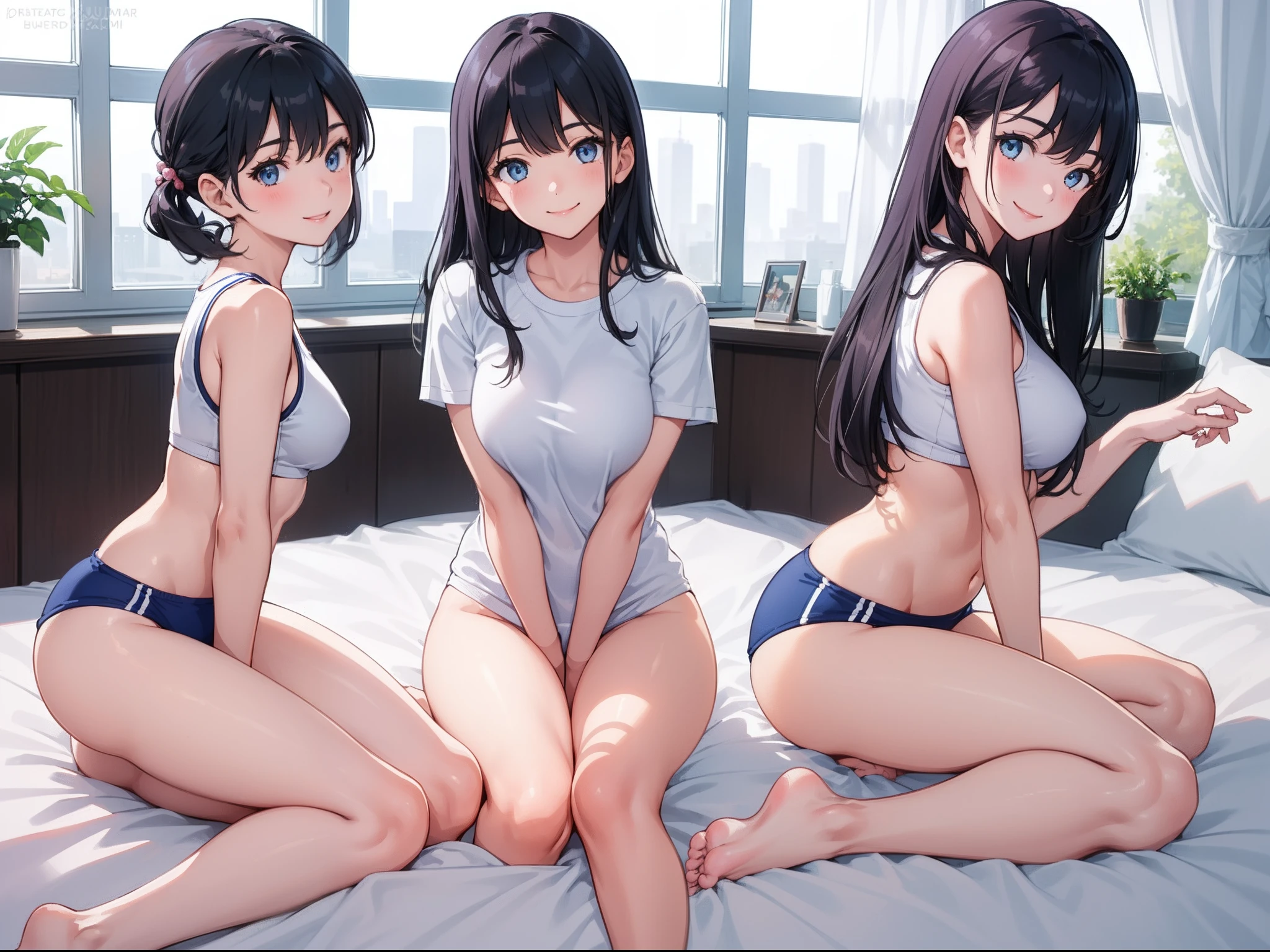 (((three girls))), wearing white ,gym shirt, navy blue buruma, smiling,  Bedroom, window light, beautiful thighs, beautiful eyes, dark hair, turned around, hips facing back,