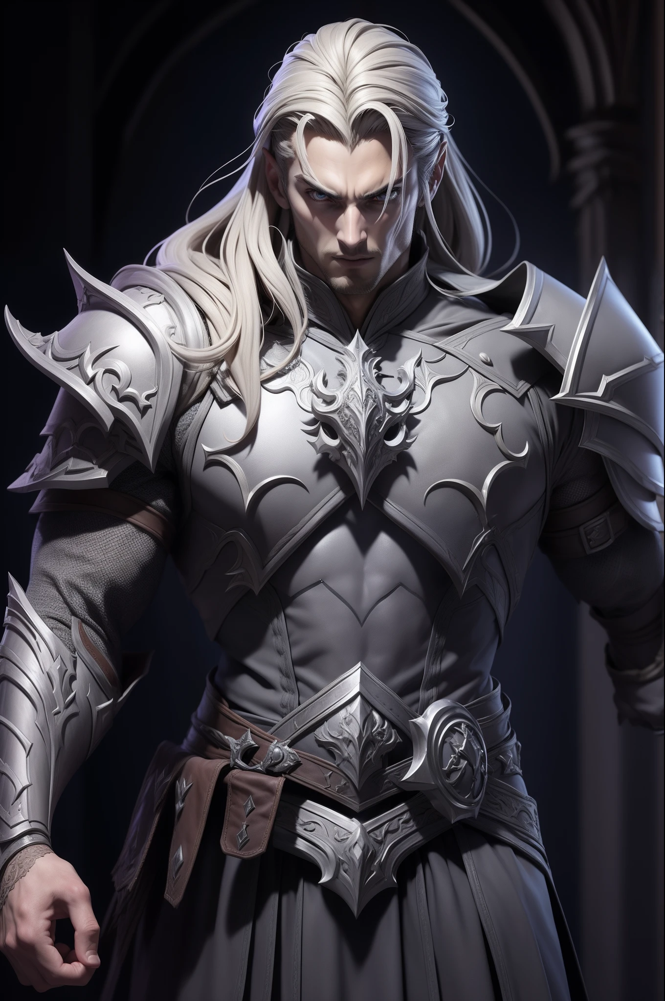 Style argile grise,(Masterpiece, Best quality), niveaux de gris,zbxr, Castlevania Lord of Shadows muscular Moroccan leather armor Armor , Yeux blancs,