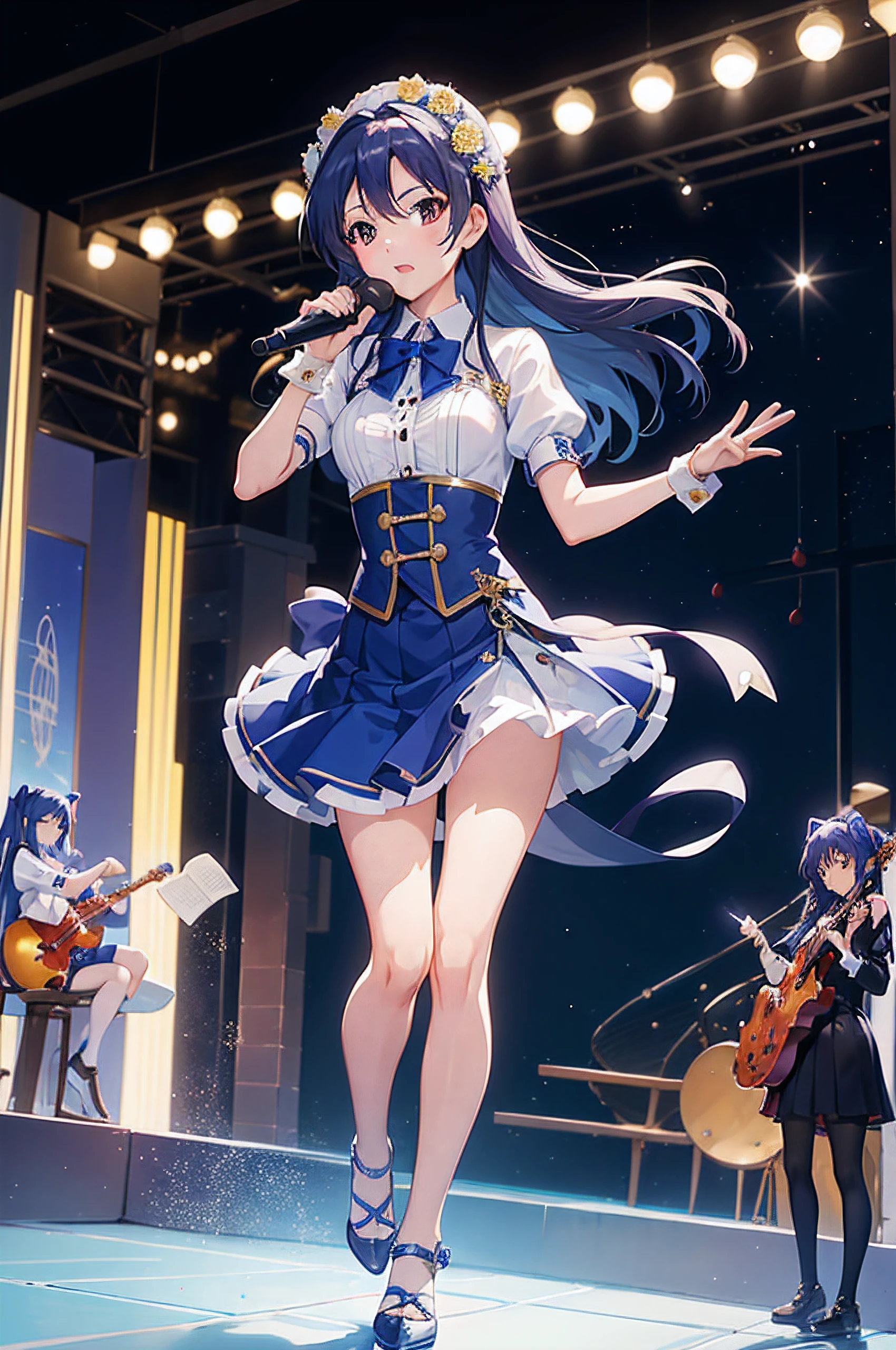 Highest quality, Ultra-high resolution,Idol Master,Kisaragi Chihaya,Idol Costume,18-year-old,165cm,Blue straight hair,Singing with a microphone,Pointing into the distance,