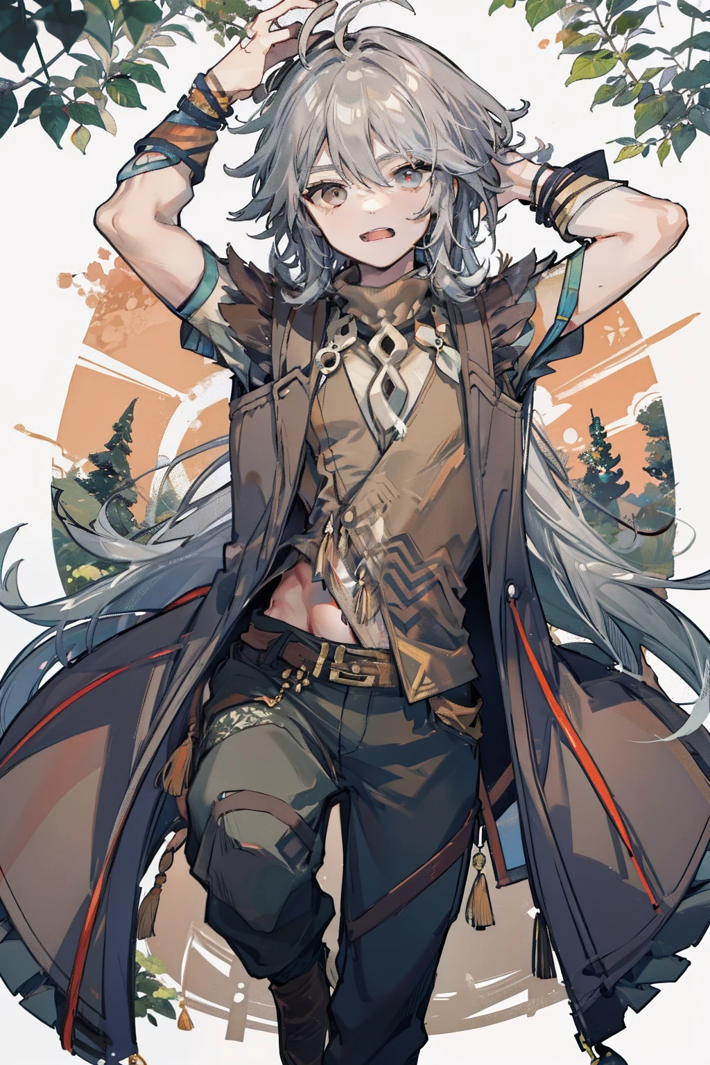 1 boy solo, dynamic pose, long grey hair, brown vest, brown wide pants, in the forest