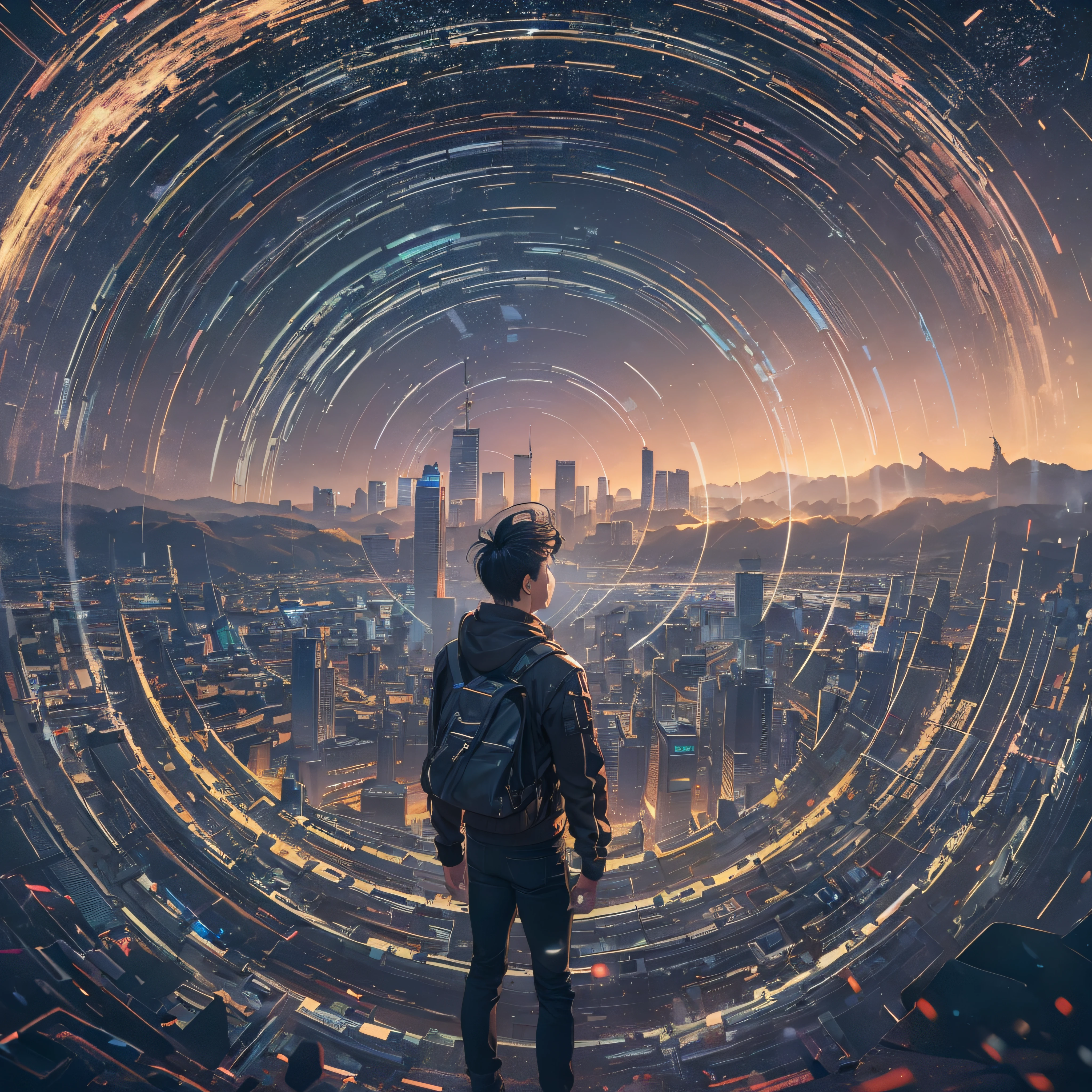 ((Best Quality, 8K, Masterpiece: 1.3)), landscape, morning shoot, star trail, slow speed, standing young man with black hair, black jeans, look at the stars, amazing scenery, hundreds of stars forming a circle, light waves, futures city, in the top of tower cyborg city, eye catching.