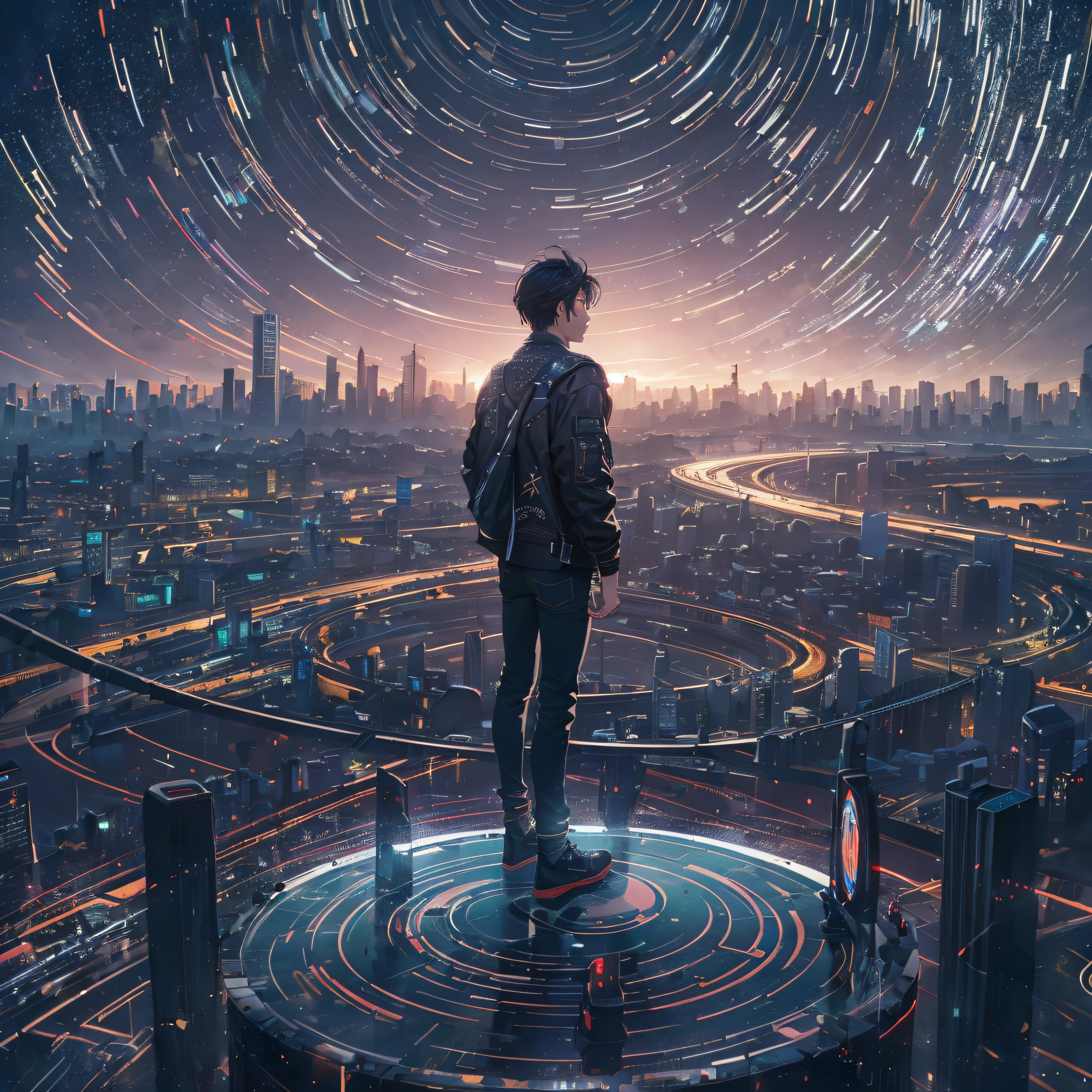 A man standing on a platform looking at a city at night - SeaArt AI