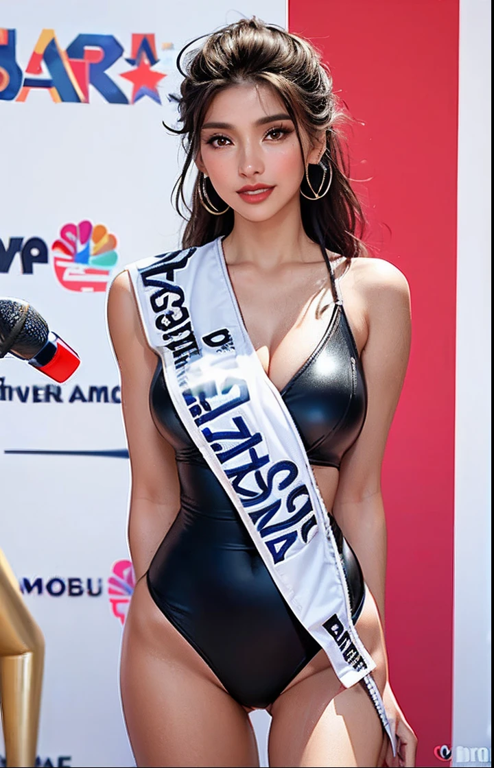 Close-up of a woman in a swimsuit holding a microphone, bikini model, miss universe, Mia Kischner, Bikini, model posing, author:Dora Kreshters, gorgeous figure, leaked image, leaked photo, wax figure, author:Amelia Péles, author:Gina Peron, her hand is on her waist, height of 165cm