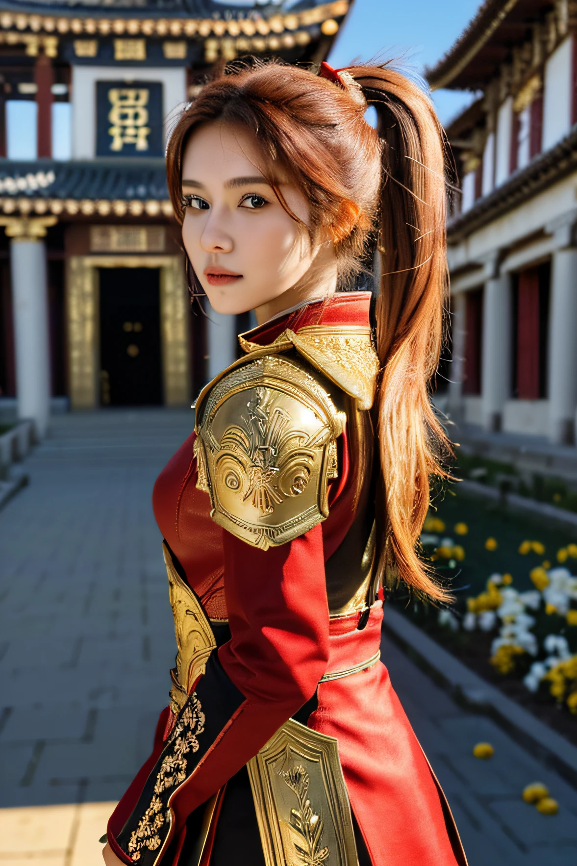 18 year old girl, korean, (8K, best quality:1.2), (masterpiece:1.37), (photo, photorealistic:1.37), (ultrahigh-res), full body, walking pose, shot from front, slow motion, female paladin wearing body armour, (golden and red accent armour:1.1),(ornately decorated armor), (insanely detailed, bloom:1.5), (highest quality, concept art, 4k), (analog:1.2), (high sharpness), (detailed pupils:1.1), detailed face and eyes, Masterpiece, best quality, (highly detailed photo:1.1), (long blonde Hair, ponytail,ecstatic:1.1), (young woman:1.1), sharp, (perfect body:1.1), realistic, real shadow, 3d, (temple background:1.2), photographed by Canan EOS R6, 135mm, 1/1250s, f/2.8, ISO 400, (brown hair, red highlight hair, ponytail), (face front), model pose