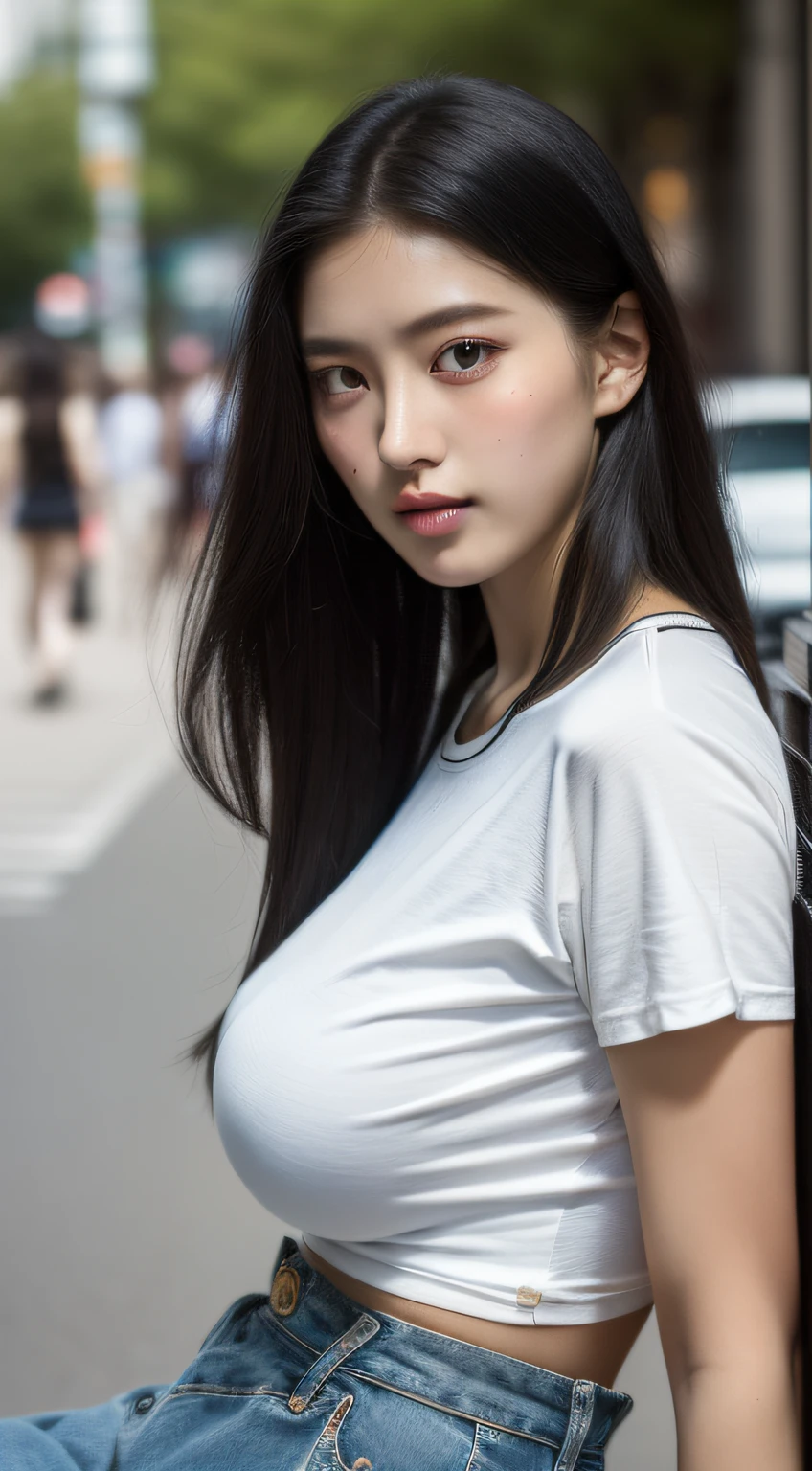 In the street、sitting with one's legs spread、raise arms、hotpants、(Long Black Hair1.3、(Colossal tits:1.3)、(masterpiece、top-quality)、((20 year old woman:1.2))、Face of a young Japan, dewy skin, Soft portrait shots,8K