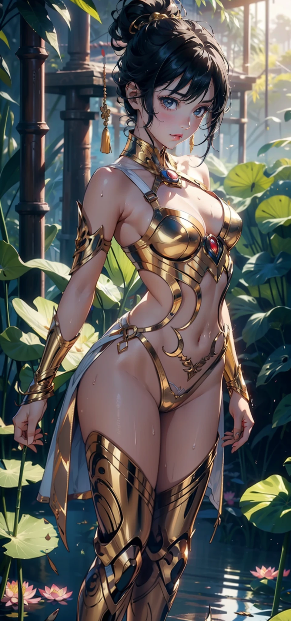 1female,age 5,Small ,Low chest exposure, 独奏,(Background with:bamboo forrest,lotuses,lotus flower,exteriors,Lotus pond) She has short black hair,standing on your feet,Sweat profusely,drenched all over the body,seen from the front, hair straight, mostly cloudy sky,(((tmasterpiece),(Very detailed CG unity 8K wallpaper),best qualtiy,cinmatic lighting,detailed back ground,beatiful detailed eyes,Bright pupils,Black eyes,(Very fine and beautiful),(Beautiful and detailed eye description),ultra - detailed,tmasterpiece,)),facing at camera,A high resolution,ultra - detailed),revealing breasts,Bare genitalia, Bulge,legs are open,Raised sexy,Camel toes,Flushed complexion,Open-mouthed,frontage,Gold Saint Seiya,(Wearing:Transparent apron,Gold wire embroidery,Iron Man uniform,cyber punk style)