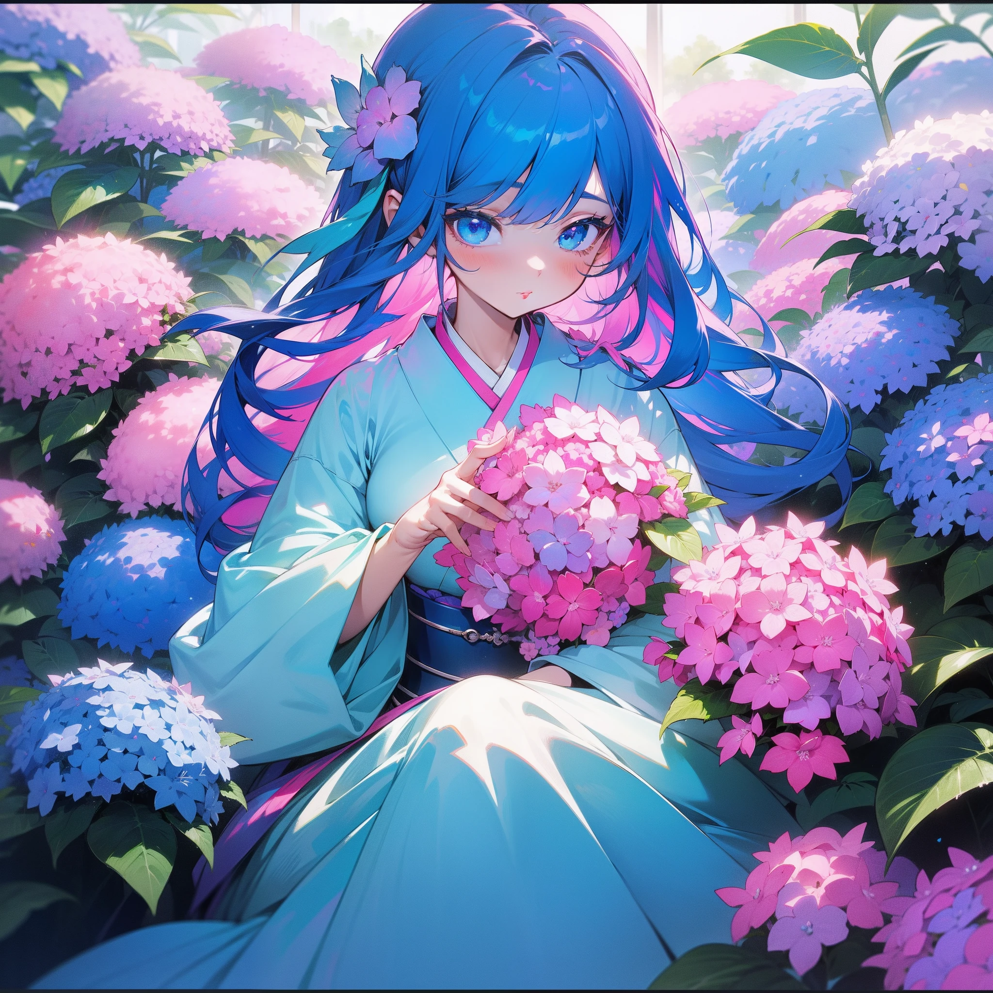 (Beautifully Aesthetic:1.2)、(1girl in:1.3)、(Blue and pink colorful hair:1.2)、Blue and pink colorful kimono、hortensia、Hydrangea flowers、colourfull、Sateen、rainbows、Beautiful Landscapes、Top image quality、Beautiful world、Rainbow Goddess、