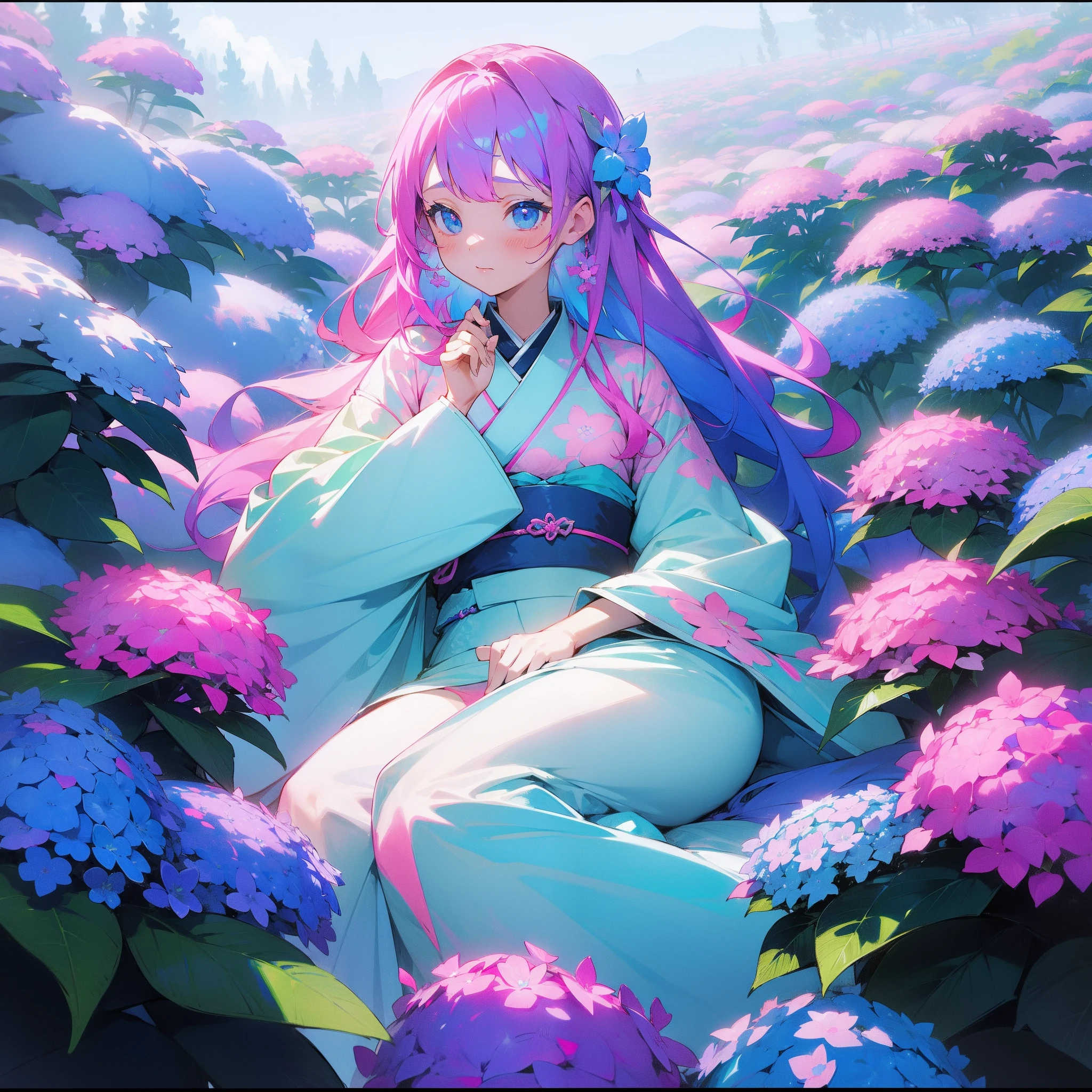 (Beautifully Aesthetic:1.2)、(1girl in:1.3)、(Blue and pink colorful hair:1.2)、Blue and pink colorful kimono、hortensia、Hydrangea flowers、colourfull、Sateen、rainbows、Beautiful Landscapes、Top image quality、Beautiful world、Rainbow Goddess、