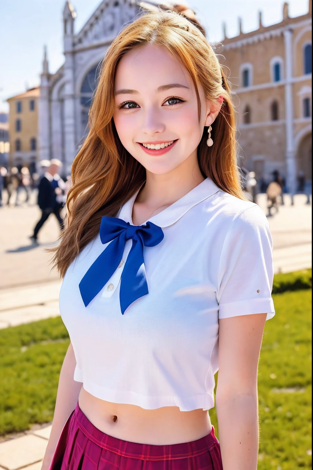 1girl, cute, 26 years old, smiling, look at viewer,(Piazza dei Miracoli background,crowd),navel, seifuku, photo, realistic, best quality, hires, detailed face, classroom, detailed background, diffused lighting, depth of field, bokeh