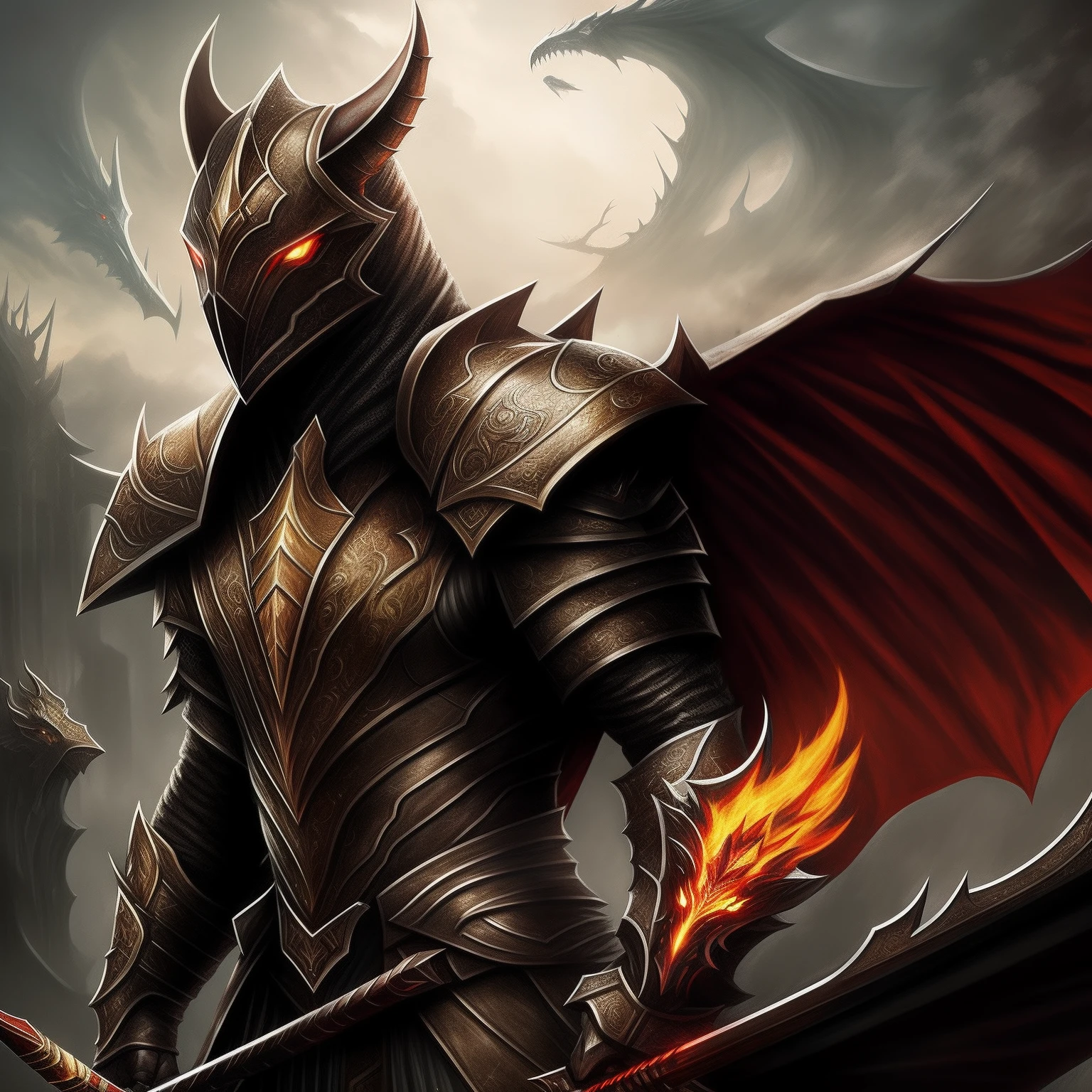 Cavaleiro dragao , dark , epico , nitido 4k , espada larga , rpg , medieval , capa vernelha , olhos vermelhos