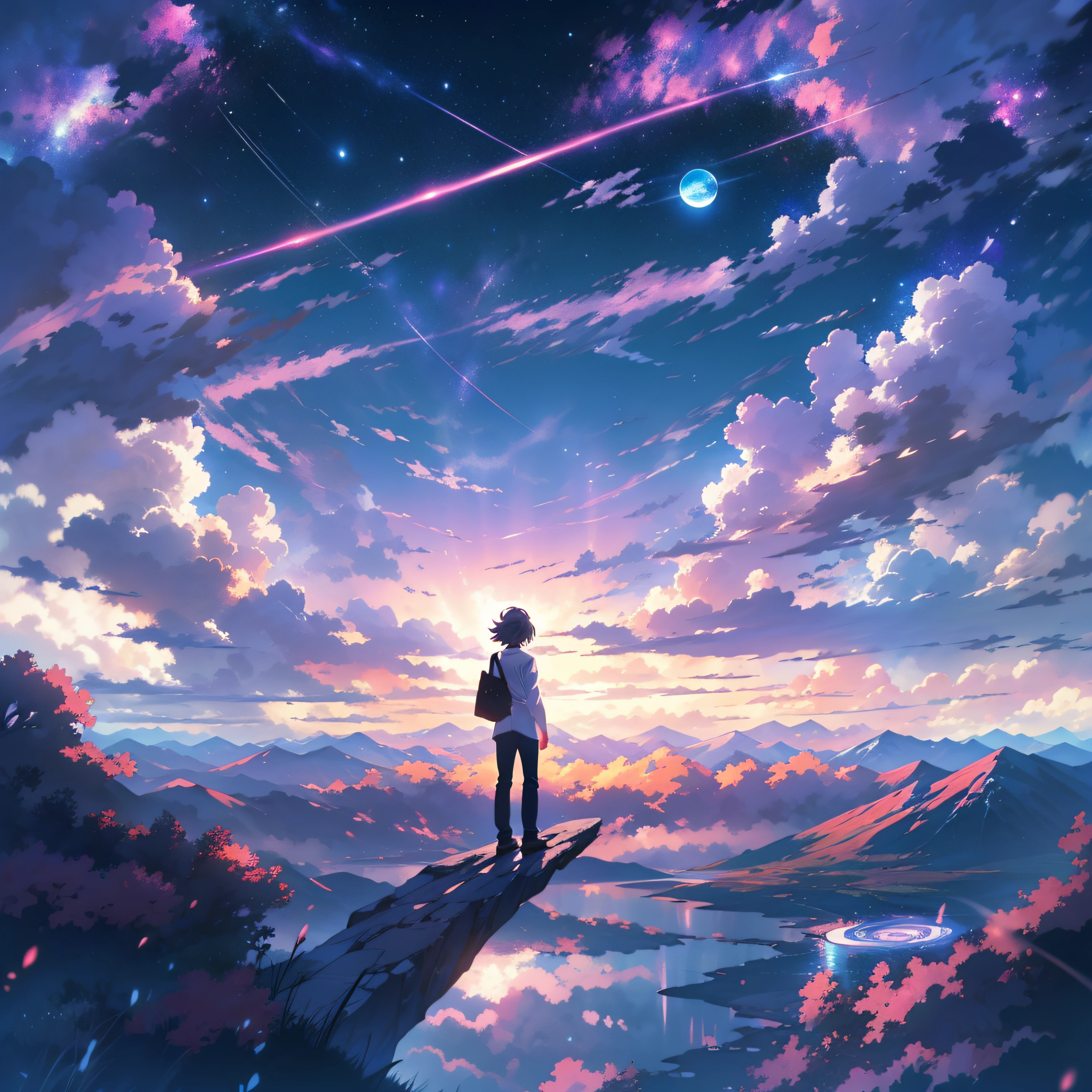 anime - style scene of a beautiful sky with a star and a planet, cosmic skies. by makoto shinkai, anime art wallpaper 4k, meteor fall, anime art wallpaper 4 k, anime art wallpaper 8 k, anime wallpaper 4k, anime wallpaper 4 k, 4k anime wallpaper, anime sky, amazing wallpaper, anime background, anime background art, reflection, quantum transisition, white shirt, black jeans, in the top of mountain, eye catching.