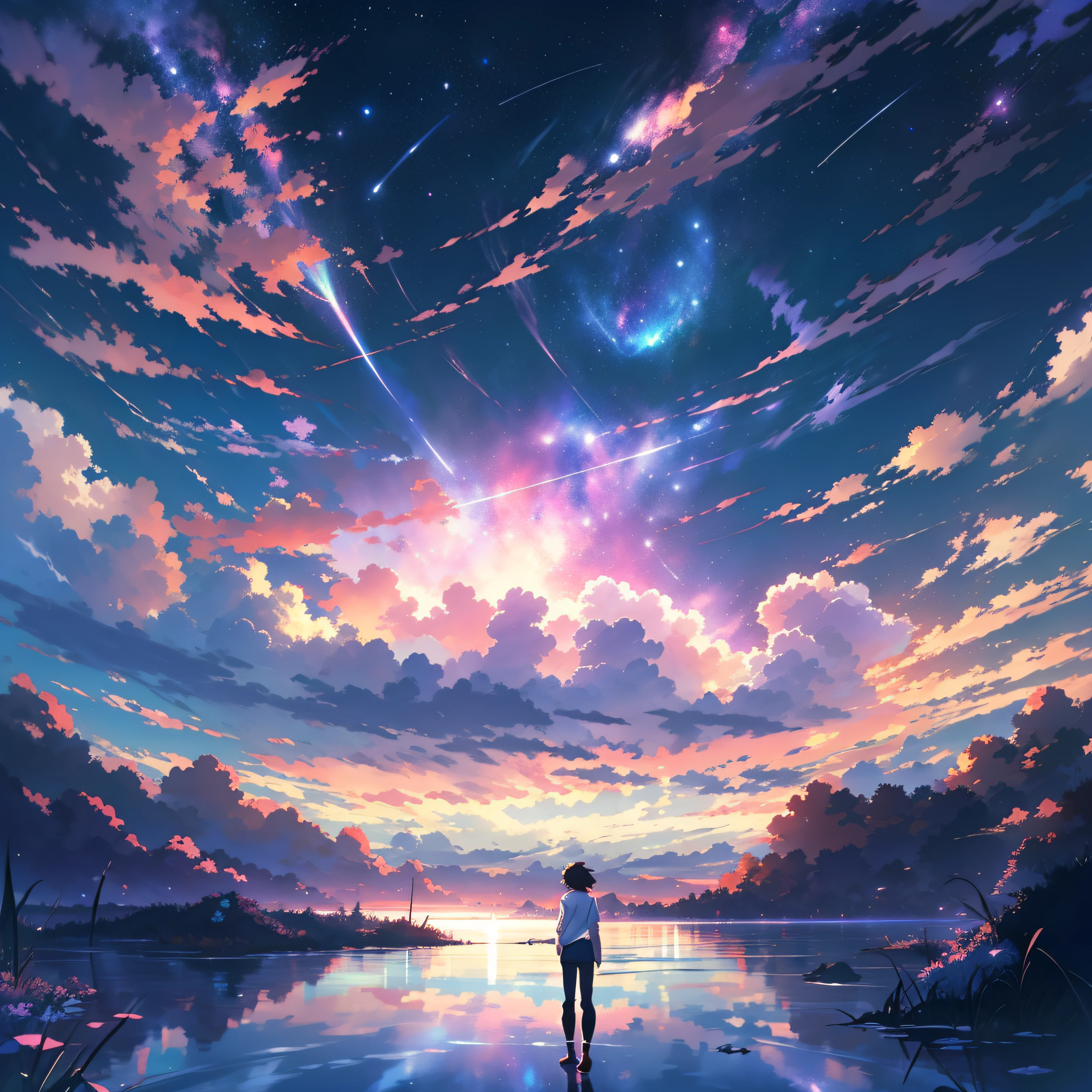 anime - style scene of a beautiful sky with a star and a planet, cosmic skies. by makoto shinkai, anime art wallpaper 4k, meteor fall, anime art wallpaper 4 k, anime art wallpaper 8 k, anime wallpaper 4k, anime wallpaper 4 k, 4k anime wallpaper, anime sky, amazing wallpaper, anime background, anime background art, reflection, quantum transisition, white shirt, black jeans, in the top of mountain, eye catching.