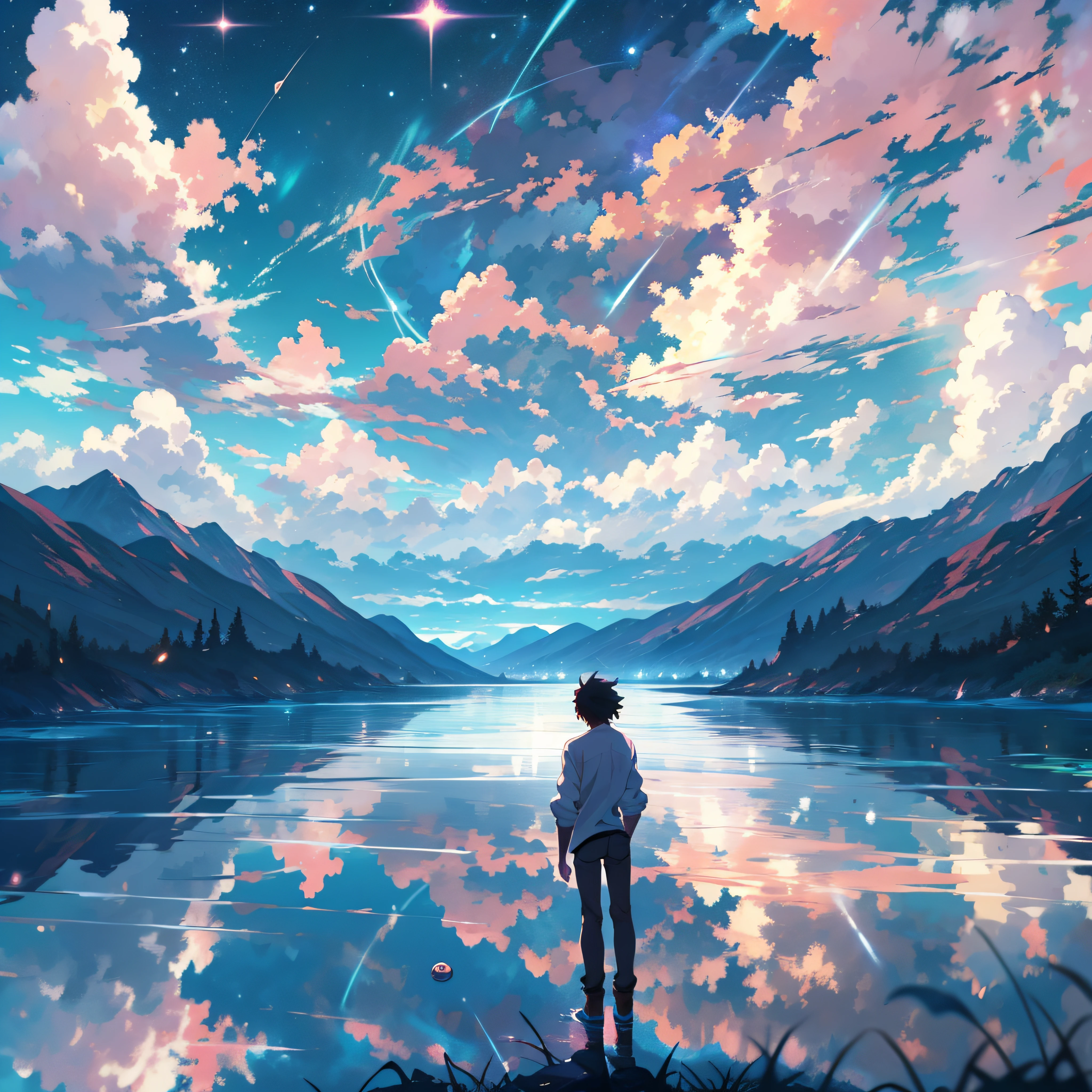 anime - style scene of a beautiful sky with a star and a planet, cosmic skies. by makoto shinkai, anime art wallpaper 4k, meteor fall, anime art wallpaper 4 k, anime art wallpaper 8 k, anime wallpaper 4k, anime wallpaper 4 k, 4k anime wallpaper, anime sky, amazing wallpaper, anime background, anime background art, reflection, quantum transisition, white shirt, black jeans, in the top of mountain, eye catching.