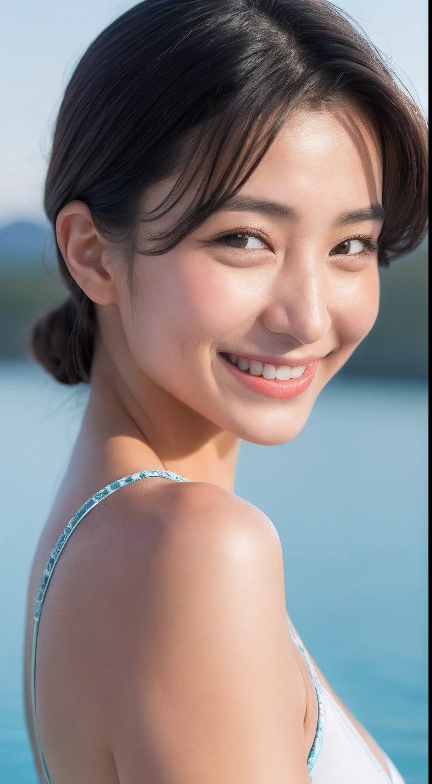 Realistic photo of 1 cute Korean star, Short ponytail hair, White skin, thin makeup, 32 inch breast size, wearing camisole, Take a walk by the sea, Sunset light, Upper body portrait, hyper HD，Smile，Pursed his lips and smiled