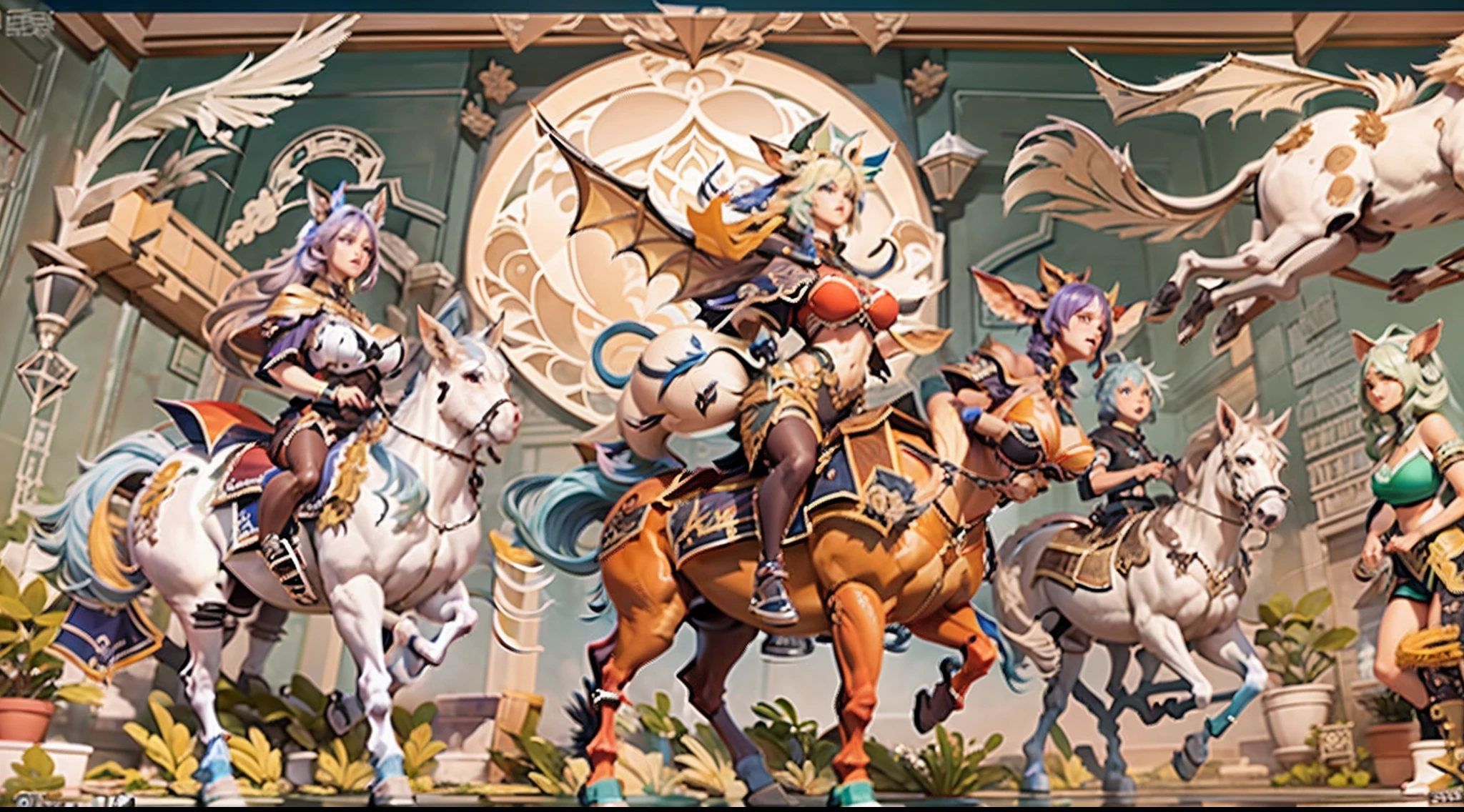 In the beautiful illustration of this super-grand scene,The ultra-long-range lens is shown(Eight unique centaur characters:9.9),They all have their own characteristics,Vivid and interesting。Radiant angelic centaurs from the heavenly realm,To the hellish centaurs surrounded by nightmarish flames,And then to the Wind Immortal Centaur dancing in the air,There are also one-horned centaurs surrounded by thunder and lightning,and mechanical centaurs that shine with metallic light,And then to the powerful dragon centaur with colored dragon scales covering the whole body,The elegant and agile elf centaur always wears a flower crown with its slender and graceful lines,Enchanting and charming Tiflin centaurs。Each character has their own unique charms and abilities。The illustration uses advanced artistic techniques and tools,(Divide the scene into sections by geometric arrangement:9.9),Each section corresponds to a centaur character,This makes more efficient use of space。Through Midjourney's advanced brush tools、Color palette、Material packs and model packs,Exquisite costumes and equipment are designed for each centaur,Enhances the character's personality and visual appeal。The scenery in the illustrations is stunning,There are changing skies、rainbowing、extreme light、Stars and Moon。Incorporating iconic landmarks such as Mount Everest,and fireworks、tranquil lake、Natural and urban elements of waves and neon lights,Creates a magical atmosphere。The centaurs showed off their skills and equipment in a variety of environments,This is true even in extreme alien landscapes。(Use Midjourney's tools、Material packs、Texture tools、The color palette makes depicting details vivid and realistic:9.9),From intricate hairstyles and clothing to authentic textures,Enhances the realism of the characters and surroundings。The fusion of multiple art styles adds movement to the centaur's movement at all angles,The overall visual experience is further enriched。The final illustration was described as a "mast