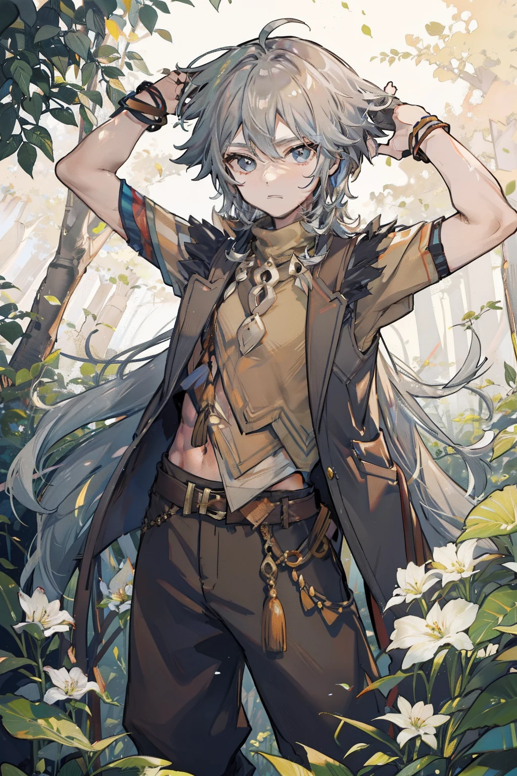 1 boy solo, dynamic pose, long grey hair, brown vest, brown wide pants, in the forest