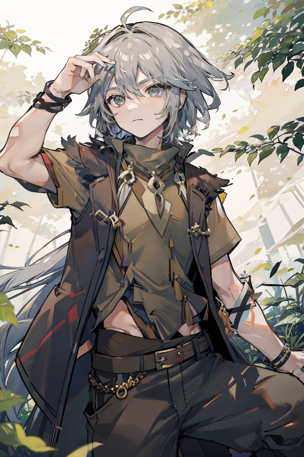 1 boy solo, dynamic pose, long grey hair, brown vest, brown wide pants, in the forest