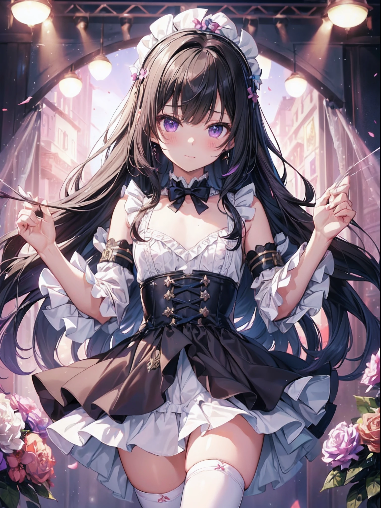 absurderes,(masterpiece、top-quality、8K ),intricate detailes,ultra-detailliert、1 down, (trap ,Otokonoko, Tom Girl:1.2), Solo, Male Focus, Very long hair, Cute anime face,A slight smil、 Indoor, ( flat chest, Bulge:1.2),((blush)), Black hair, Purple eyes, (Idol costumes、Dress with white ruffles :1.4),white knee highs、stage、spot light、Stand Microphone、Headband with flowers、Hyper realistic,Perfect Anatomy