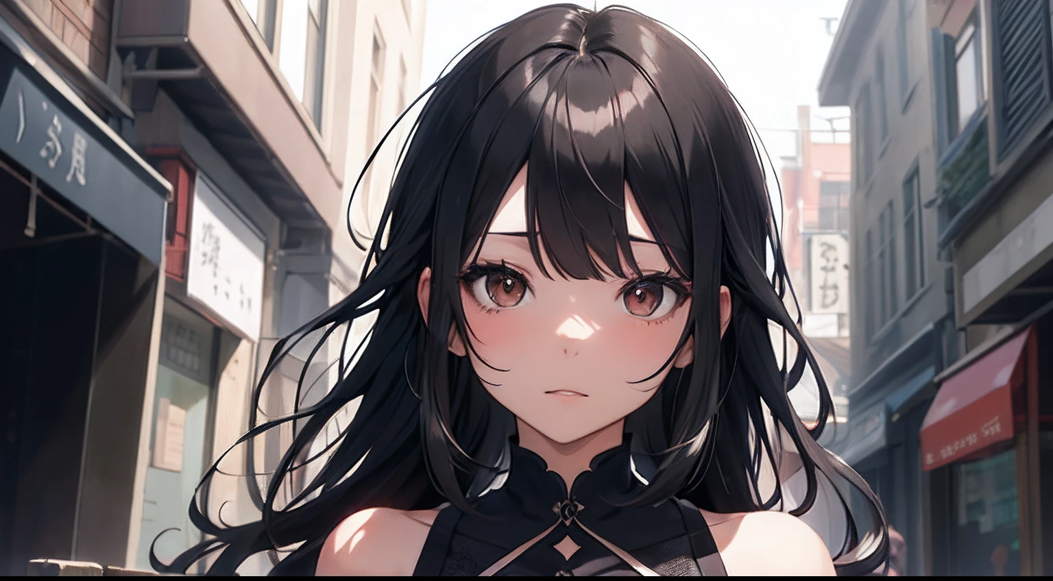 (masutepiece, beautiful detail, Best Quality), 1girl in, hide your eyes with long bangs,, Front view, Look straight ahead, Asking, bustup, Arms Down, Black hair, Long hair, Black Dress, Simple hairstyle, abyss, dystopian