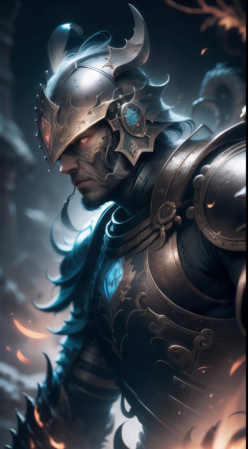 Highly detailed portrait of a scarred man warrior wearing intricate black plate armor, Mysterious dark nature background, high resolution, 4K, 8K