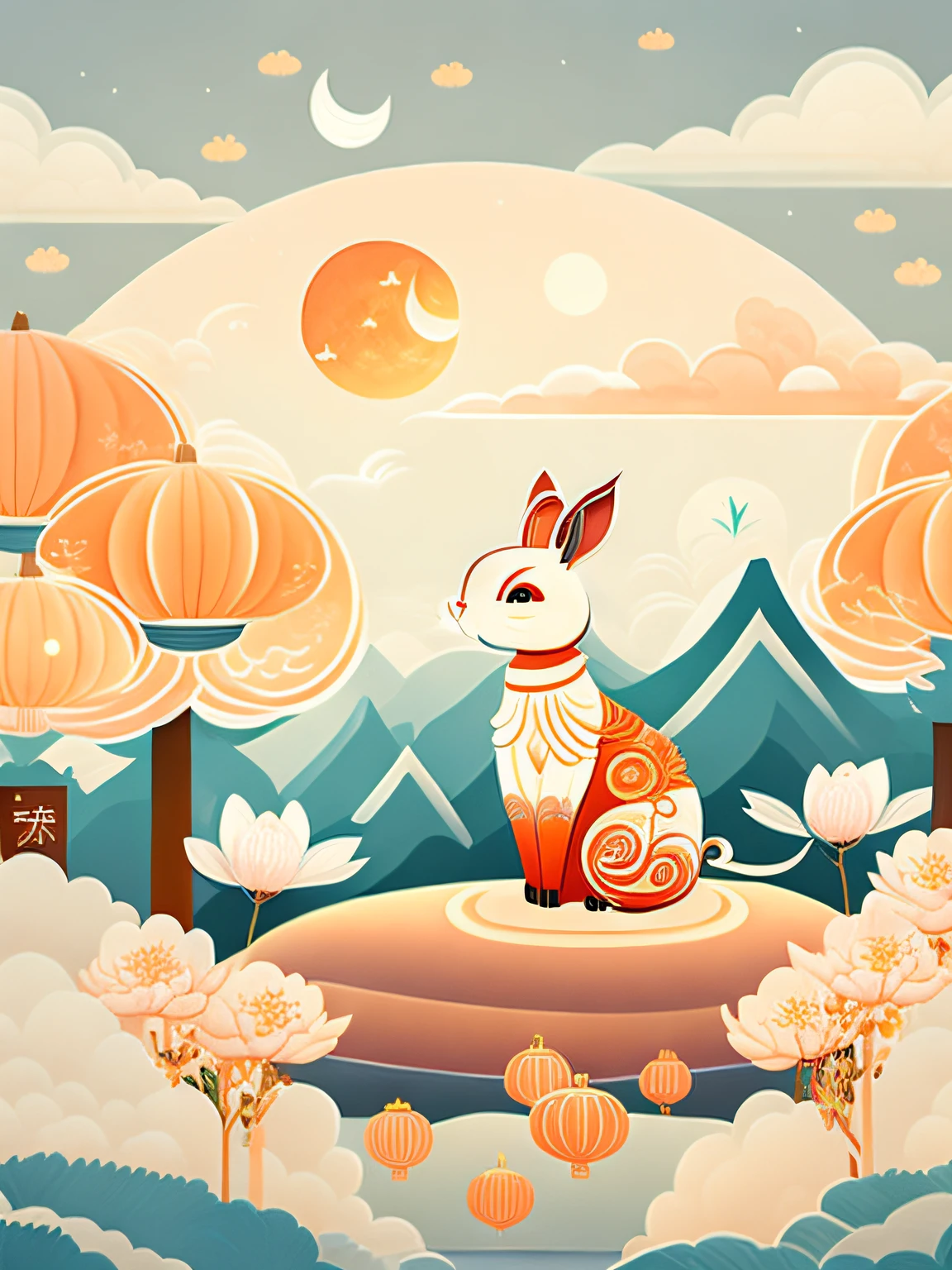 Art is commercial illustration,The theme is the Mid-Autumn Festival poster。The background is a scene of the moon and the moon palace,There are lanterns flying outside the moon。The center area of the picture is centered and typeset,The main body is Jade Rabbit making mooncakes。laurel、mont、Eau、Clouds and other details decorated,T-shirt design,rzminjourney,Vector art Mid-Autumn Festival moonlight, Rabbit Han-style lotus, Auspicious Yunhe hand-drawn,