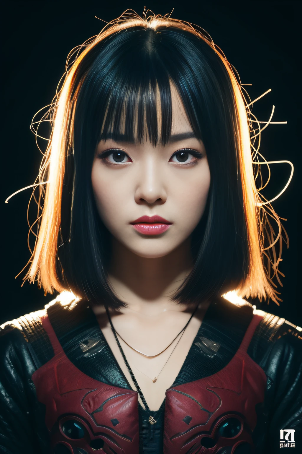 A cute Japanese woman, (22year old、popularity、idol、beautiful)、Wire cybernetic implant, In the style of Adrian Jenny Esao Andrews Jenny Savile, Surrealism and dark art、James Jean Takato、Yamamoto、Briy Sienkiewicz, Trending on ArtStation, Sharp Focus, studio photo, Intricate details, Highly detailed, By Greg Rutkowski, intricate face details, TM Ninja, TM Samurai, Poster style, icons, Vibrant colors, Vector style, Digital Art, 4K, Intricate details, charmed, Professionally made, Beautiful vector illustration, 12K resolution, 。.。.3D, All characters in full detail, Highly detailed, Vibrant, Ultra High Quality, Hyper-Realism, Photorealism, Octane Render]