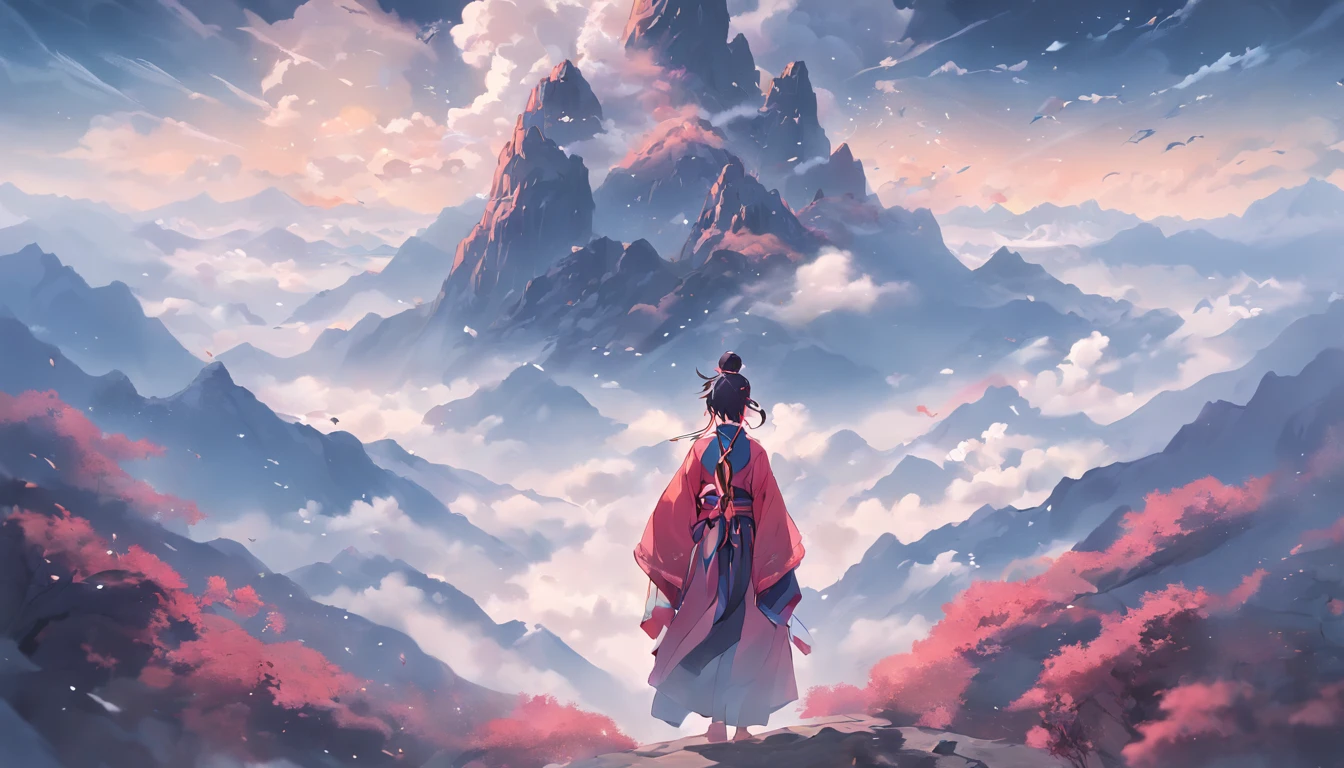 mountain peaks, Cloud fog, The man in the Taoist robe, Alchemy, Distant perspective, Chinese fairy style, Surrealism, bloom, UHD