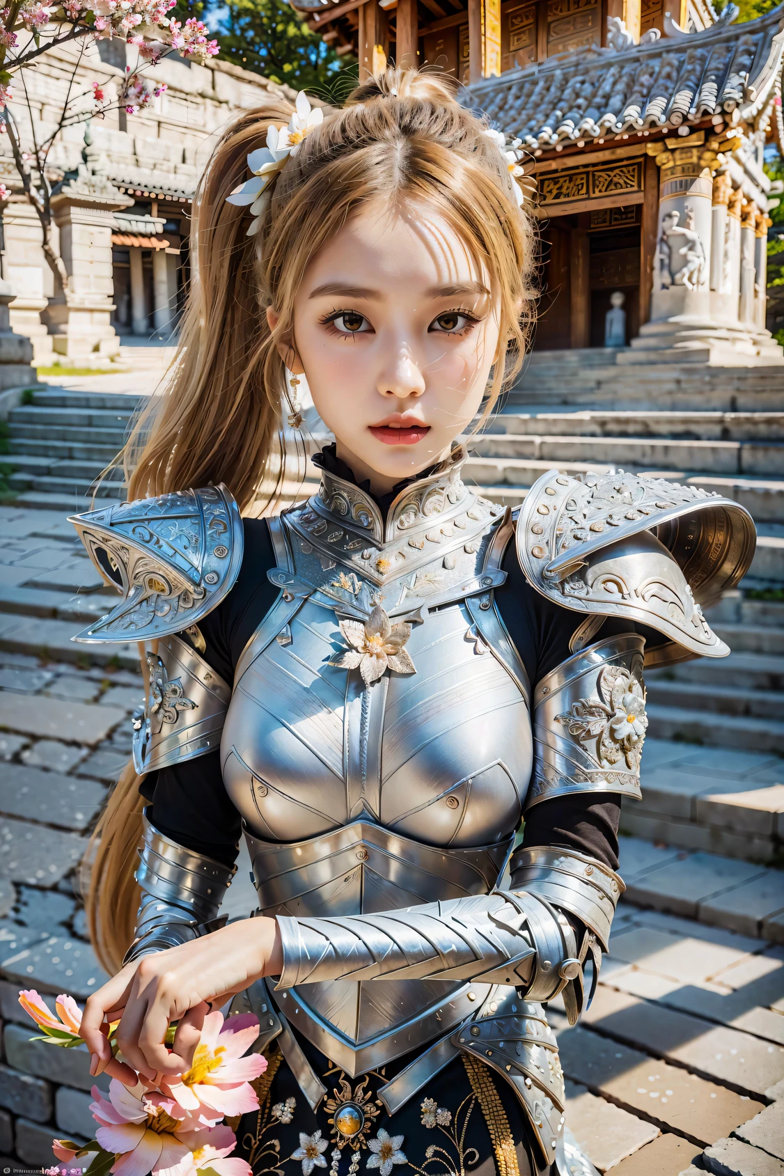 (8K, best quality:1.2), (masterpiece:1.37), (photo, photorealistic:1.37), (ultrahigh-res), half body, walking pose, shot from front, slow motion, female paladin wearing the full body, (light silver armour:1.2),(ornately decorated armor), (insanely detailed, bloom:1.5), (highest quality, Alessandro Casagrande, Greg Rutkowski, Sally Mann, concept art, 4k), (analog:1.2), (high sharpness), (detailed pupils:1.1), detailed face and eyes, Masterpiece, best quality, (highly detailed photo:1.1), (long blonde Hair, ponytail,ecstatic:1.1), (young woman:1.1), sharp, (perfect body:1.1), realistic, real shadow, 3d, (temple background:1.2), 
photographed by Canan EOS R6, 135mm, 1/1250s, f/2.8, ISO 400