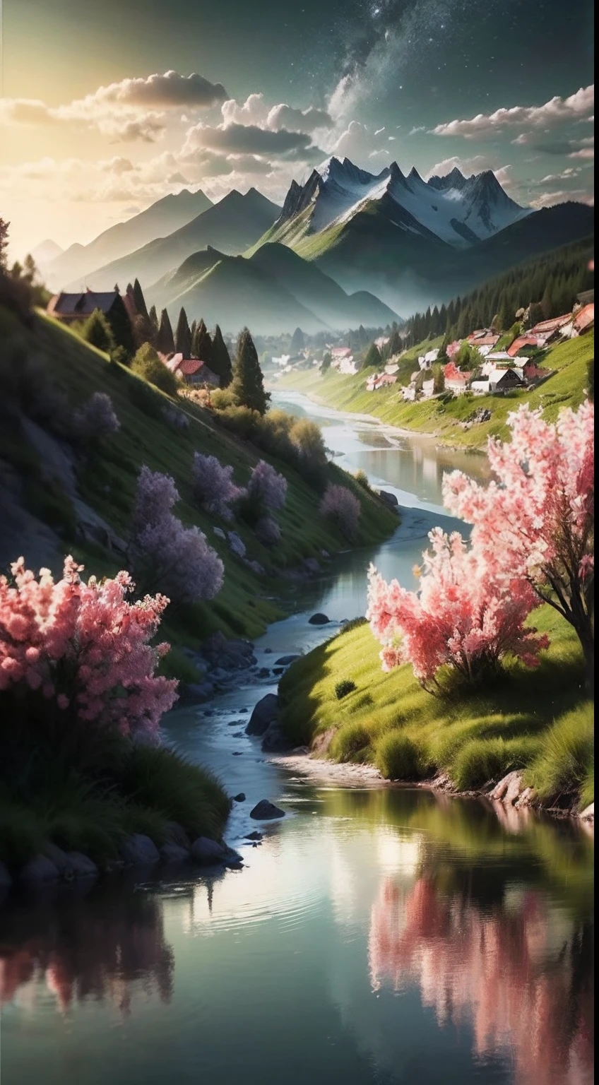 Imagine an unforgettable landscape that reveals the beauty and grandeur of God in every detail. It is a setting that transcends human understanding, where nature unites in harmony to create a divine masterpiece. In this landscape, you find yourself before majestic mountains, which rise towering towards the sky. Its heights seem to touch the clouds, while its slopes display lush vegetation, a tapestry of green hues and colorful blooming. In the valleys below, clear rivers flow serenely, reflecting the sunlight that shines brightly in the sky. Water is crystal clear, as if it were a mirror that reveals the purity and life it carries. On its banks, leafy trees offer shade and shelter to a wide variety of animals and birds, which seem to dance in harmony with nature. On the horizon, the sun sets in a divine spectacle. The golden, orange and pink colors paint the sky in a true celestial picture. It is as if God is pouring out His color palette on the world, creating a spectacle of light and beauty that is impossible to replicate. As you contemplate this magnificent landscape, you feel God's presence in a deep and comforting way. The grandeur of divine creation is evident in every detail of the landscape. Every mountain, every river, every ray of sunshine is a testimony to the power and beauty of God. In this landscape that shows the beauty of God, you feel small before the vastness and perfection of creation. It is an invitation to marvel at the divine work, to give thanks for the wonders of nature, and to feel connected to the divine. It is a reminder that God is present in all things, in the beauty of nature and in the depth of our hearts.