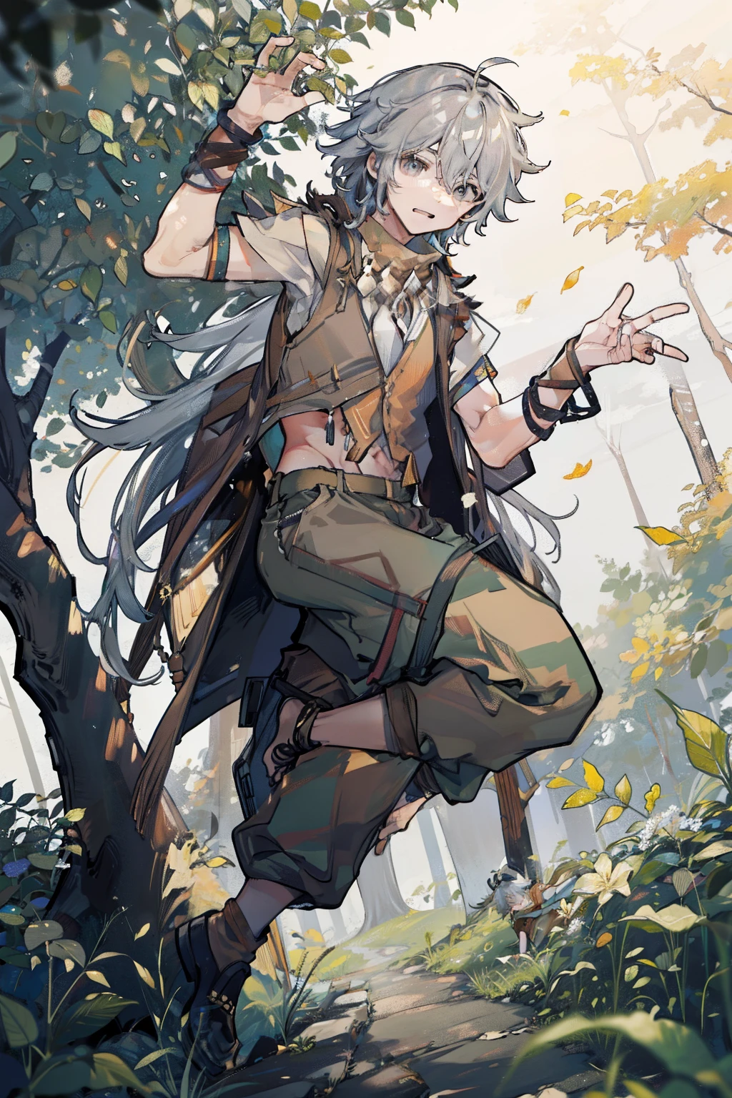 1 boy solo, dynamic pose, long grey hair, brown vest, brown wide pants, in the forest