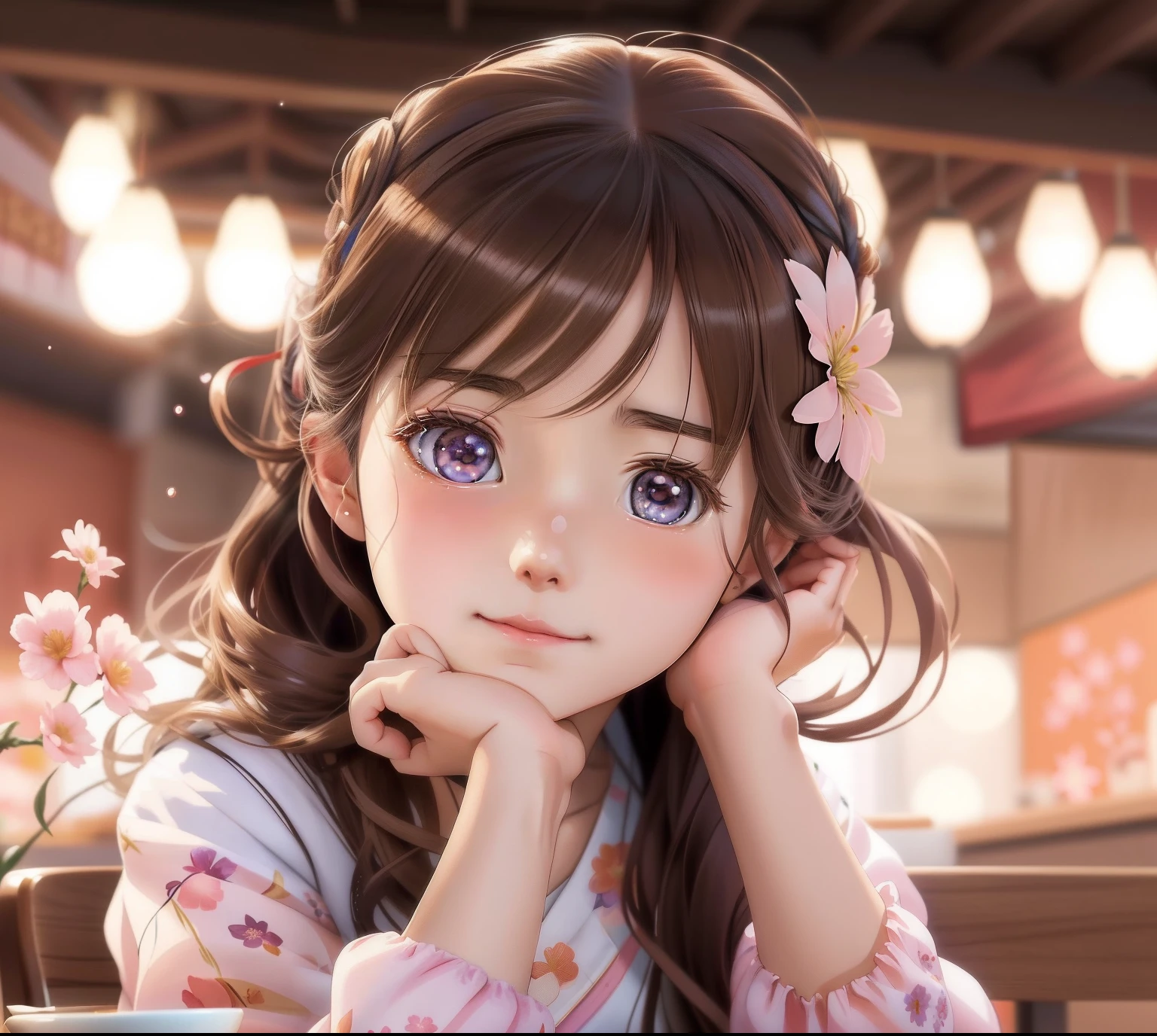 Anime girl sitting on table with flower in hair drinking coffee, with cute - fine - face, with cute doting eyes, adorable digital art, Cute anime girl, cute kawaii girls, cute beautiful, Cute and lovely, Young and cute face, Cute natural anime face, Kawaii realistic portrait, Realistic cute girl painting, portrait cute-fine-face