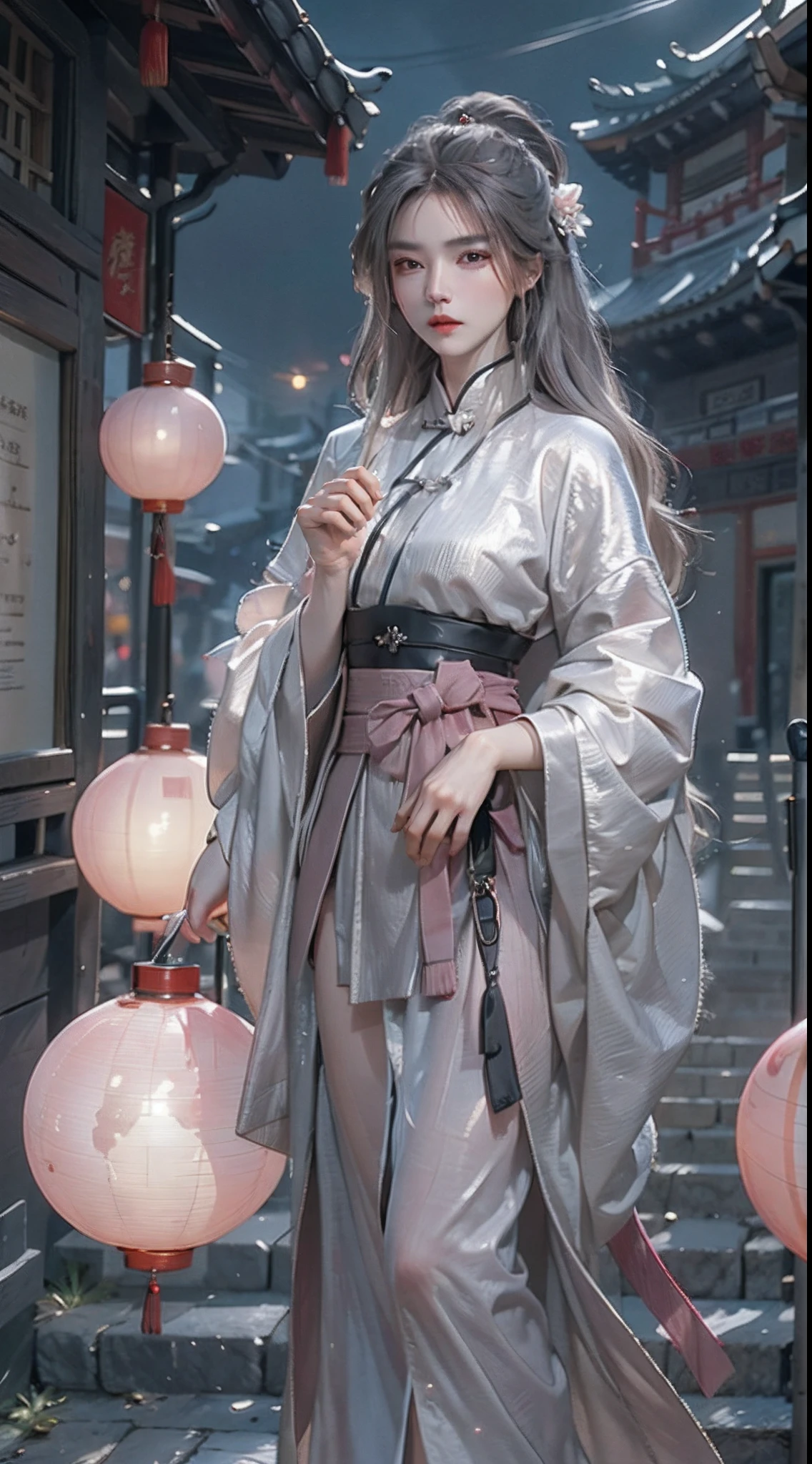 Masterpiece, Best Quality, Night, Full Moon, 1 Girl, Mature Woman, Chinese Style, Ancient China, Sister, Royal Sister, Cold expression, expressionless face, Silver white long haired woman, Light pink lips, Calm, Intellectual, Three belts, Gray pupils, Assassin, Short knife, Flower ball background, Strolling in the street scenery