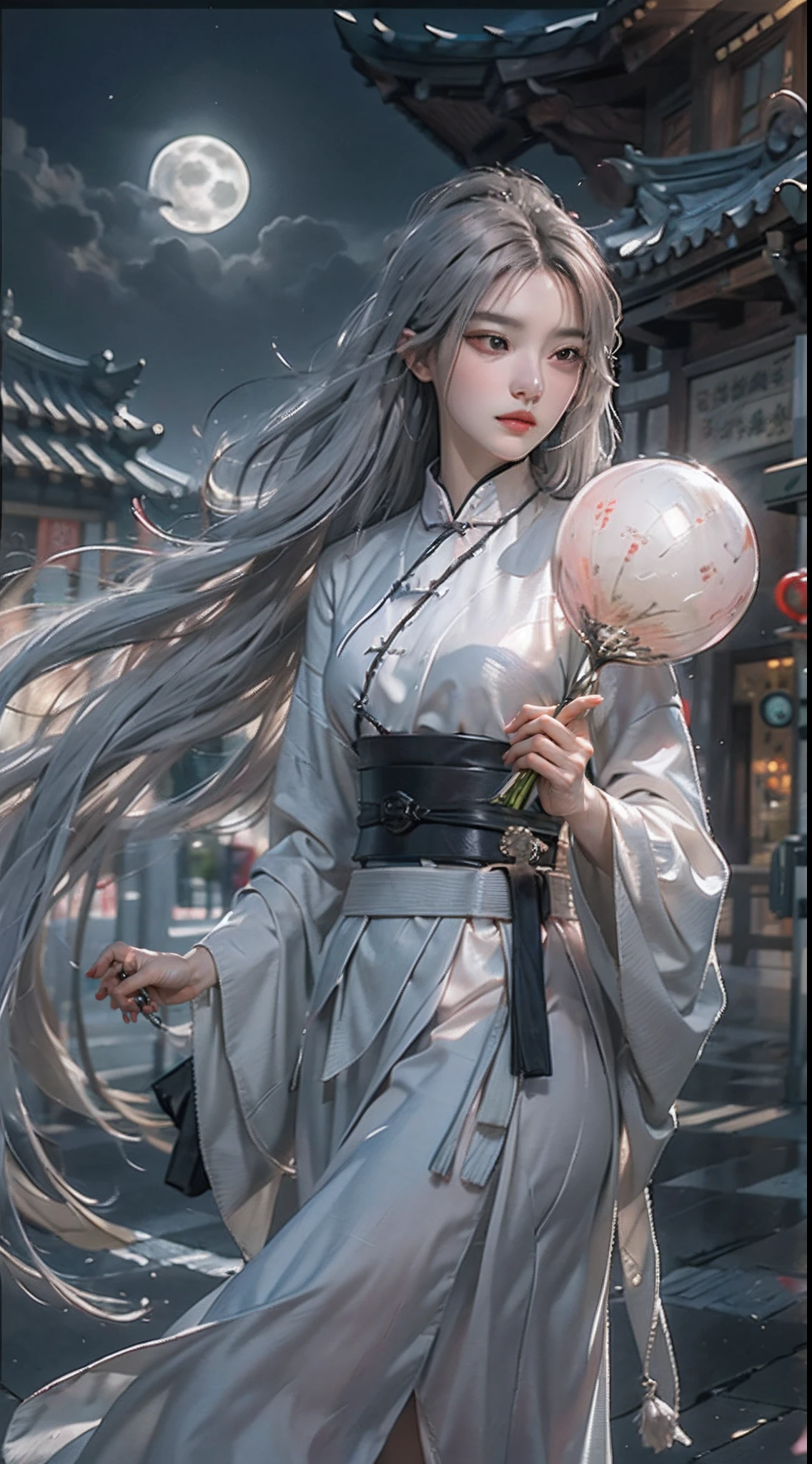 Masterpiece, Best Quality, Night, Full Moon, 1 Girl, Mature Woman, Chinese Style, Ancient China, Sister, Royal Sister, Cold expression, expressionless face, Silver white long haired woman, Light pink lips, Calm, Intellectual, Three belts, Gray pupils, Assassin, Short knife, Flower ball background, Strolling in the street scenery