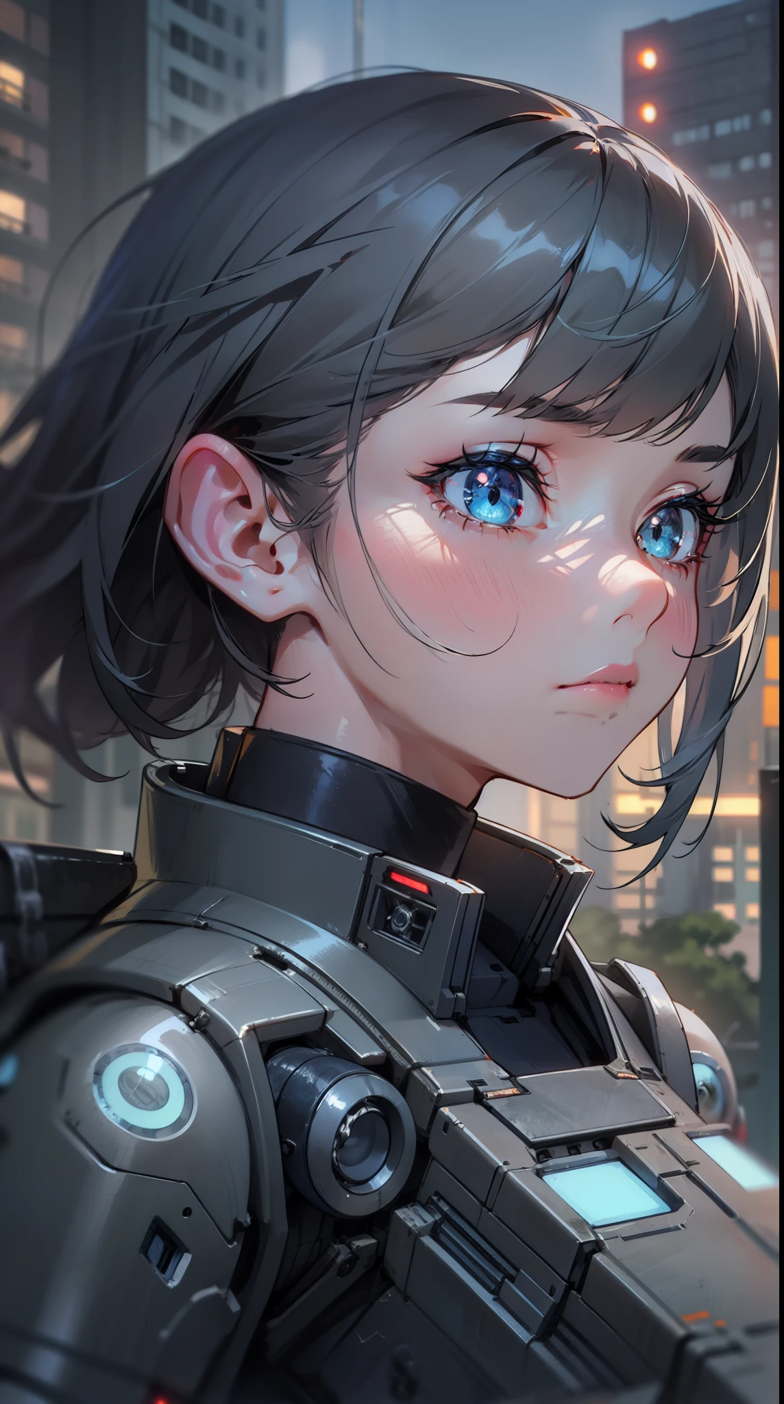 ((masterpiece)), best quality, 8k, high quality, high resolution, super detailed, ultra detailed, photorealistic, ruthless and finely detailed face and eyes, ultra detailed and detailed skin texture, unfeeling robotic eyes, perfect face, 1 girl, gunmetal gray chassis, (tactical exosuit), glowing blue targeting lights, (metallic aura), holding a powerful railgun, standing in a post-apocalyptic urban setting, emotionless expression, ((neutral visage)), twilight, desolate cityscape, shattered buildings, dystopian atmosphere, (distant sirens), (mechanical footsteps), since technological uprising, Nyx-9, robotic eyes, background of ruined city.