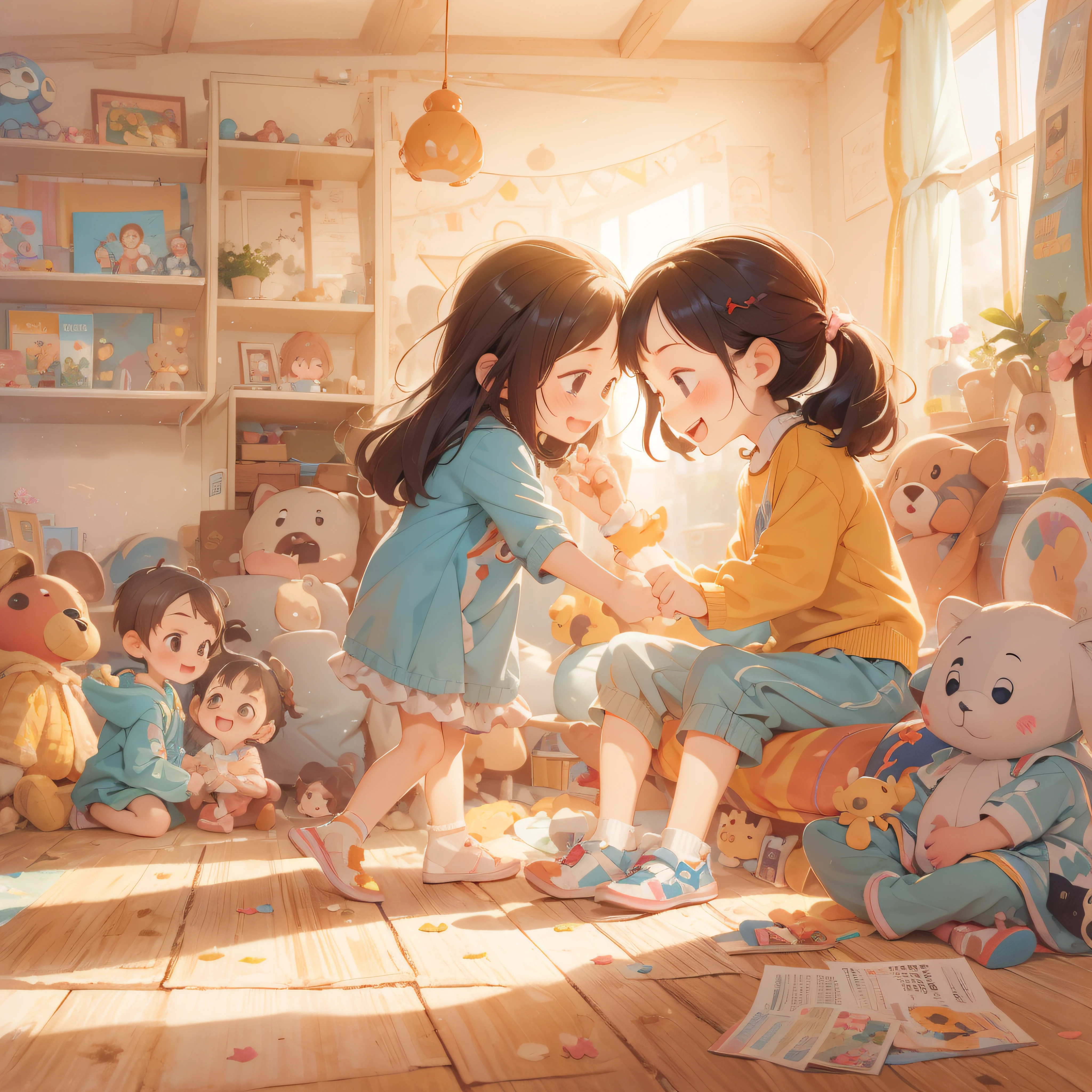 A bright daytime room is depicted。In the center of the room is、4 and 6 ******** sisters are seated。My 6-****-*** sister is a ****** older、My 4-****-*** sister has a rather small physique。They sat facing each other.、It is depicted talking with a smile。

My four-****-*** sister was holding a stuffed animal in her hand.、I am holding out the stuffed animal to my 6-****-*** sister.。My 6-****-*** sister、Smiling gently while receiving my sister's stuffed animal。From that gesture、The presence of tender interaction and understanding between the two is felt。

Toys and picture books spread out in the room、Traces of children's play can be seen。Bright sunlight shines through the windows of the room.、It brings a warm atmosphere。

This illustration is、It expresses the sister's reconciliation and friendliness。Beyond the age difference between 2 and 5 years、It depicts the attitude of caring for each other。It is a scene that expresses family bonds and happy moments。