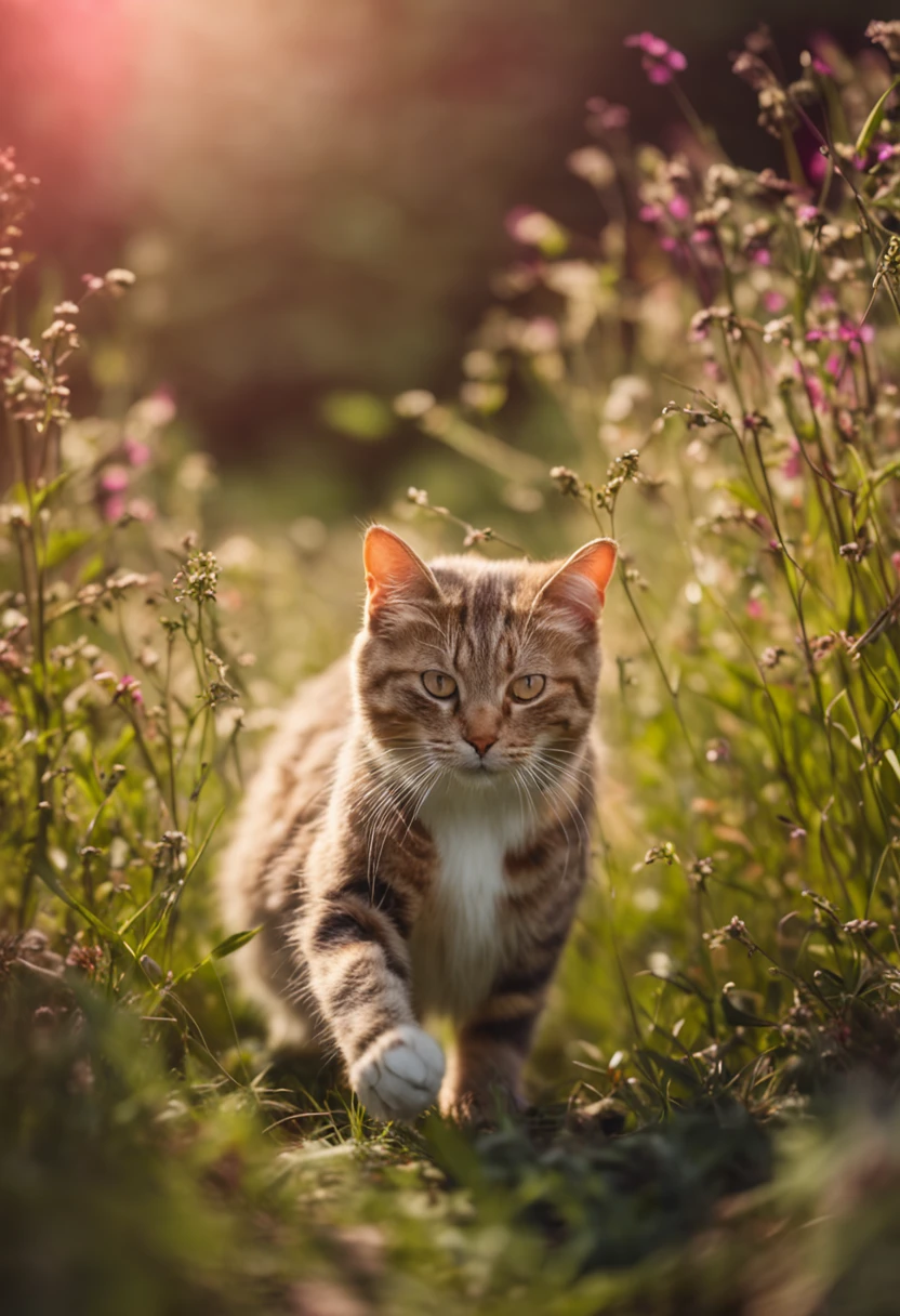 Cat playing in a small meadow