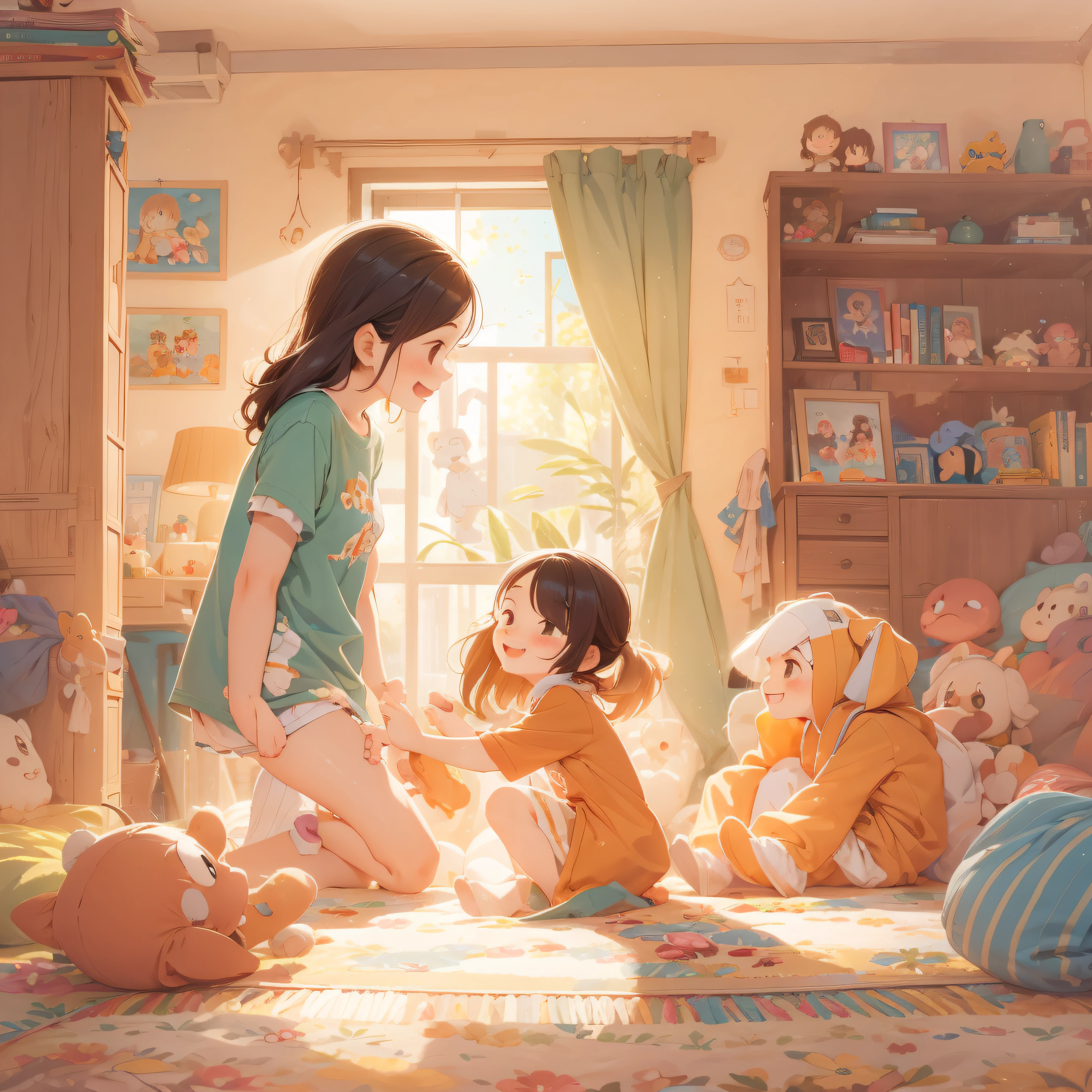 A bright daytime room is depicted。In the center of the room is、4 and 6 year old sisters are seated。My 6-year-old sister is a little older、My 4-year-old sister has a rather small physique。They sat facing each other.、It is depicted talking with a smile。

My four-year-old sister was holding a stuffed animal in her hand.、I am holding out the stuffed animal to my 6-year-old sister.。My 6-year-old sister、Smiling gently while receiving my sister's stuffed animal。From that gesture、The presence of tender interaction and understanding between the two is felt。

Toys and picture books spread out in the room、Traces of children's play can be seen。Bright sunlight shines through the windows of the room.、It brings a warm atmosphere。

This illustration is、It expresses the sister's reconciliation and friendliness。Beyond the age difference between 2 and 5 years、It depicts the attitude of caring for each other。It is a scene that expresses family bonds and happy moments。