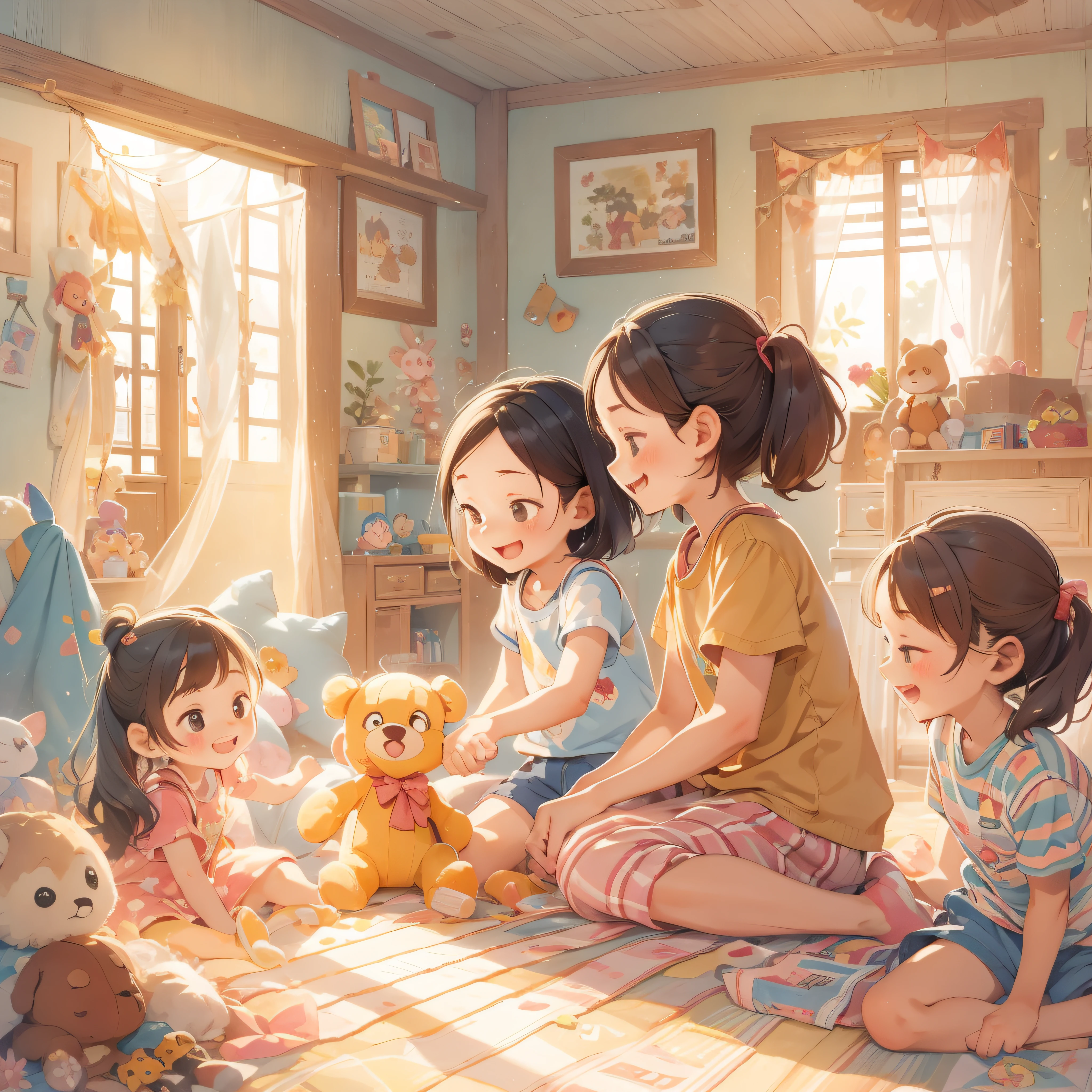 A bright daytime room is depicted。In the center of the room is、4 and 6 year old sisters are seated。My 6-year-old sister is a little older、My 4-year-old sister has a rather small physique。They sat facing each other.、It is depicted talking with a smile。

My four-year-old sister was holding a stuffed animal in her hand.、I am holding out the stuffed animal to my 6-year-old sister.。My 6-year-old sister、Smiling gently while receiving my sister's stuffed animal。From that gesture、The presence of tender interaction and understanding between the two is felt。

Toys and picture books spread out in the room、Traces of children's play can be seen。Bright sunlight shines through the windows of the room.、It brings a warm atmosphere。

This illustration is、It expresses the sister's reconciliation and friendliness。Beyond the age difference between 2 and 5 years、It depicts the attitude of caring for each other。It is a scene that expresses family bonds and happy moments。