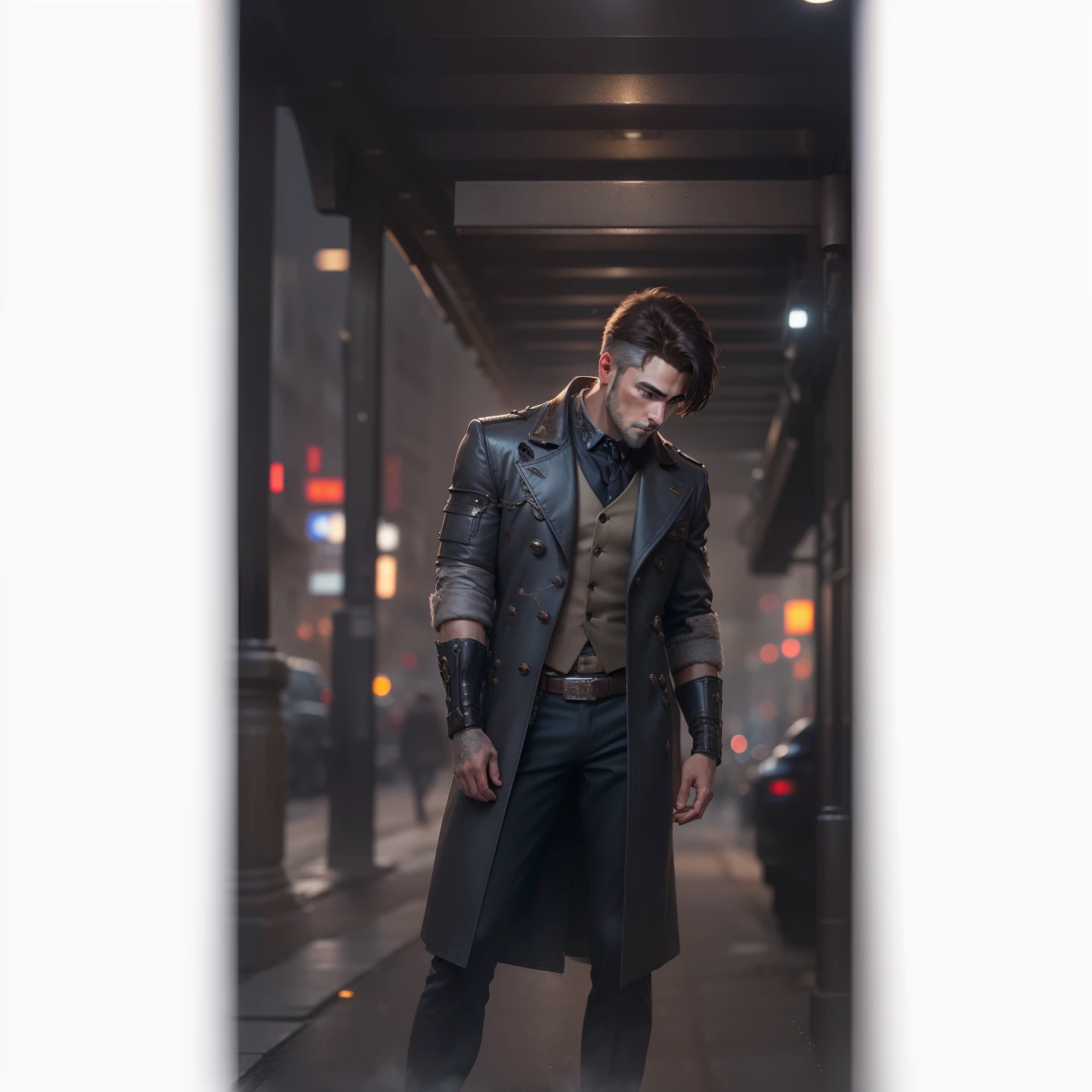 Only my real facePortrait photo of a handsome male full body photo, perfect eyes, wearing a shabby mecha coat, ((light bokeh)), intricate, (steel metal [rust]), elegant, sharp focus, photo by Greg Rutkovsky, soft lighting, bright colors, masterpiece, (street)), detailed realistic face, close-up of the face