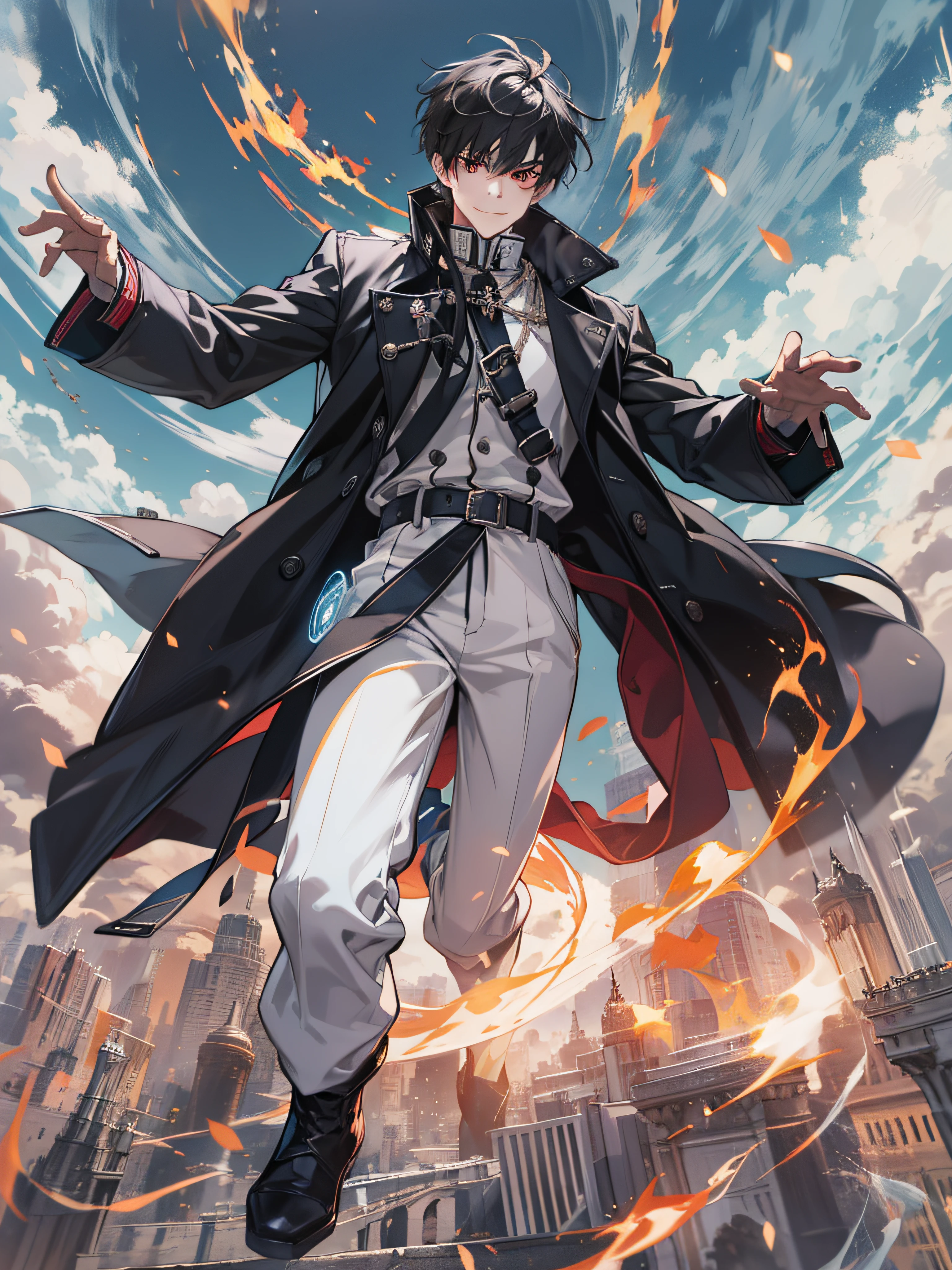 (Absurd, high resolution), (panorama), a man, very handsome, flying in the sky, red eyes, short hair, black hair, smile, white clothes, black trench coat, black trousers, black boots, (white magic streamer for hands), medieval wind, magic bloom, (blue magic array under feet), daytime, ancient wind, soul ring, exaggeration, flame burning, lightning.