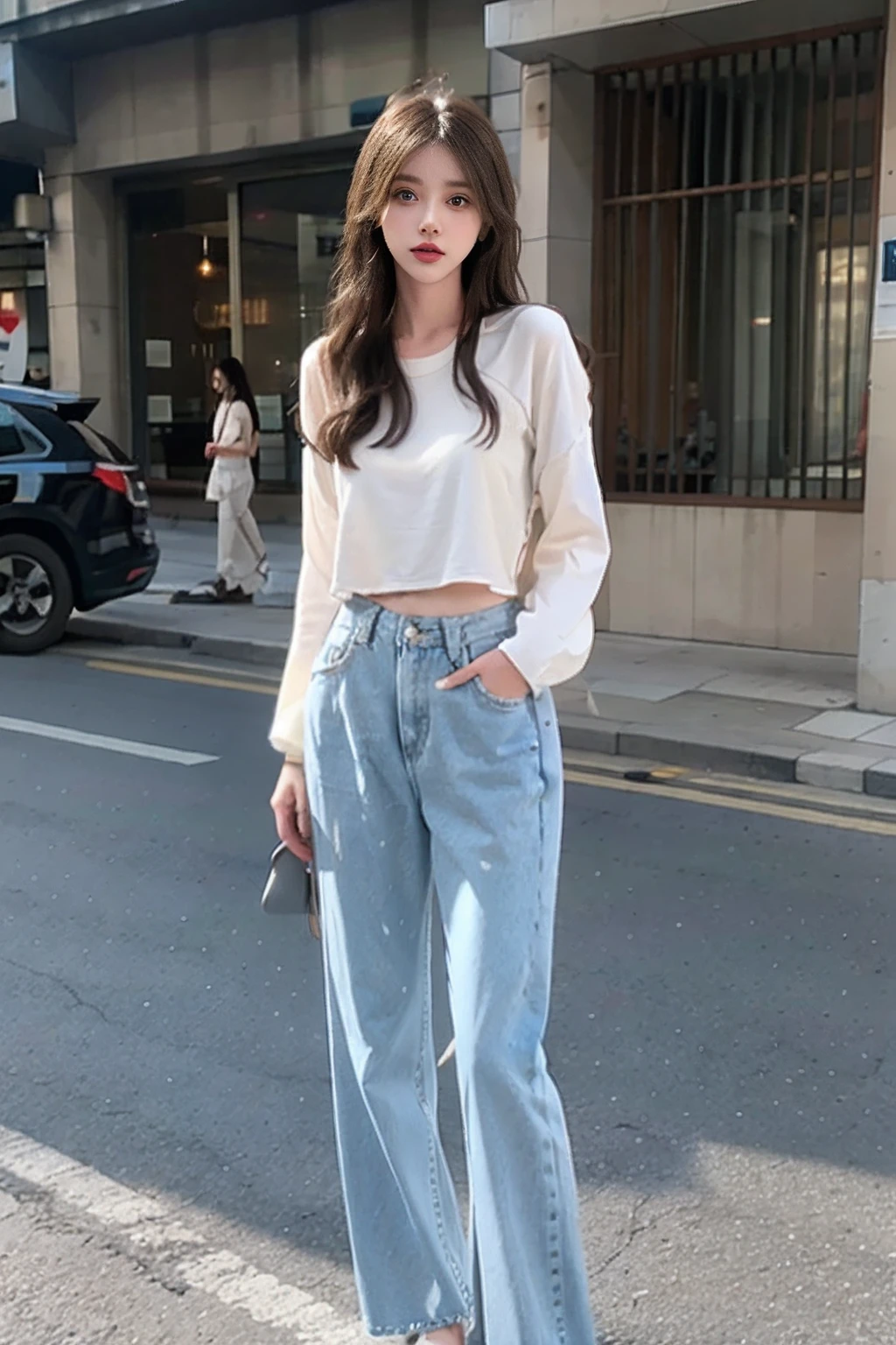 Arad woman in a white shirt and blue jeans standing on the sidewalk, baggy jeans, Large pants, full - length view, casual clothing style, denim short, cropped wide sleeve, Denim, baggy pants, denim pant, modern casual clothing, full lenght shot, Cute:2, casual modern clothing, full body full height, full - length view, white trendy clothes