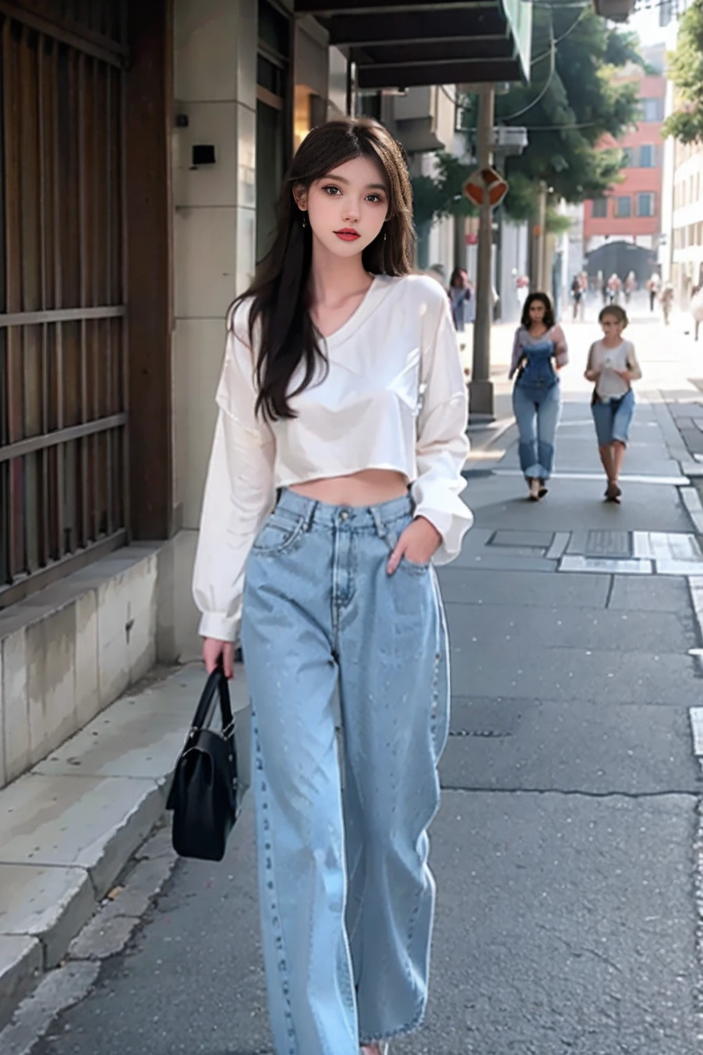 Arad woman in a white shirt and blue jeans standing on the sidewalk, baggy jeans, Large pants, full - length view, casual clothing style, denim short, cropped wide sleeve, Denim, baggy pants, denim pant, modern casual clothing, full lenght shot, Cute:2, casual modern clothing, full body full height, full - length view, white trendy clothes