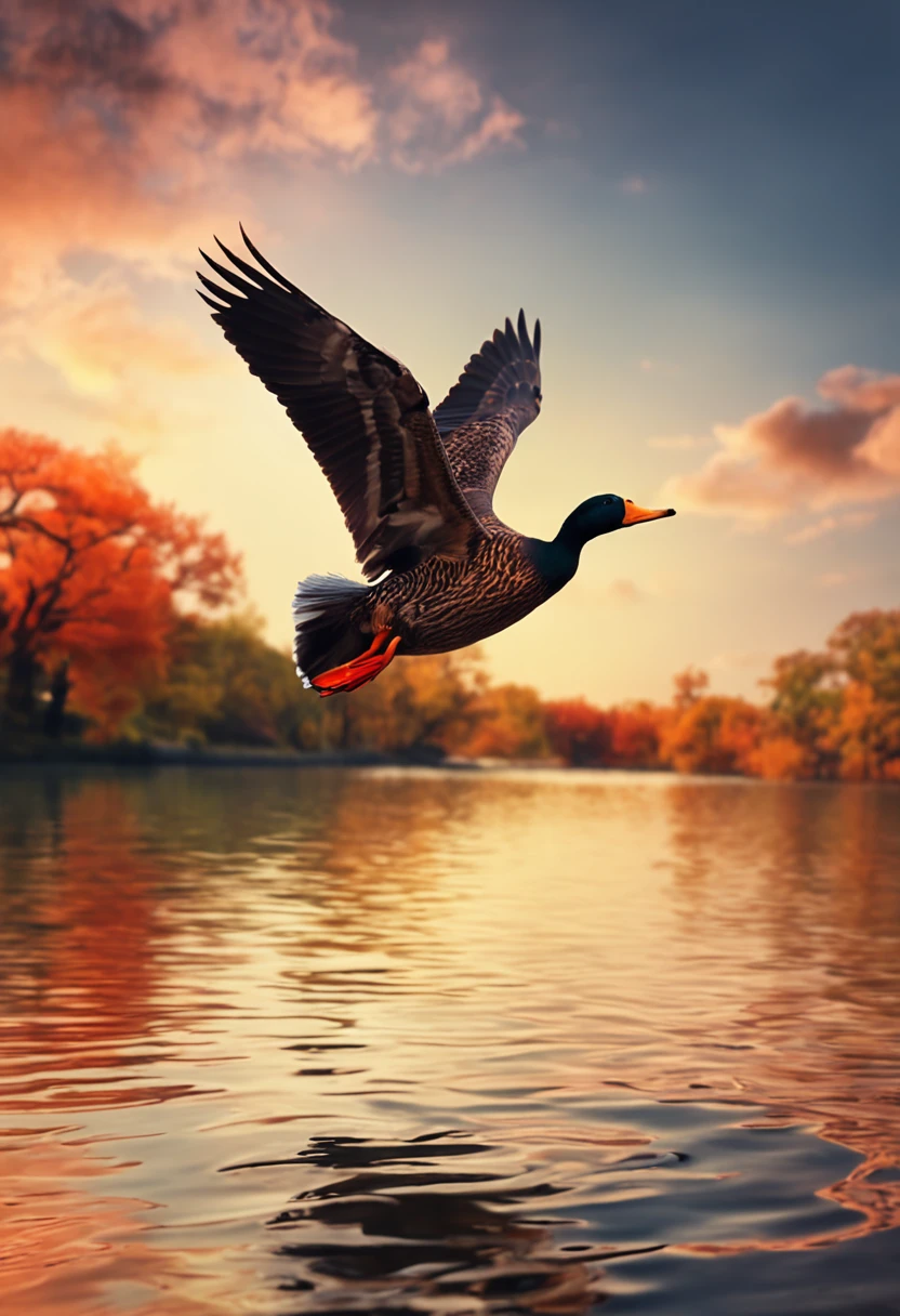 The sunset and the lone duck fly together, and the autumn water is the same color as the sky