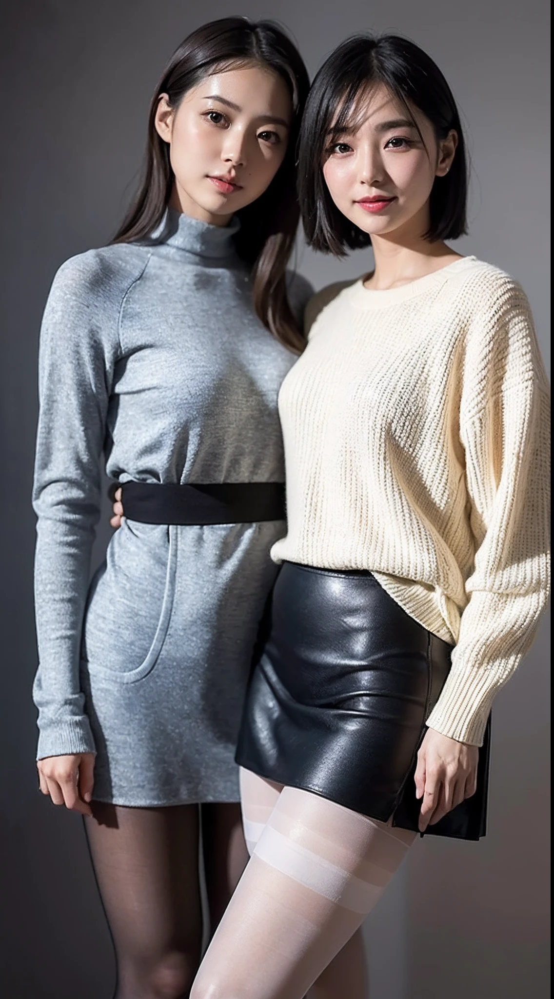 face is :9,503917907], Real 19-year-old college girl from upper class、Wearing a knitted dress、 (Wearing pantyhose、Very realistic pantyhose)、(Skirt and thighs)、165 cm tall, Japanese Models, Short Layer Hair、japanaese girl, Neat and clean Japan woman, A smile、Smile、goddess of Japan, Innocence、Realistic Pantyhose、Raw photo, (8K、top-quality、​masterpiece:1.2)、(intricate detailes:1.4)、(Photorealsitic:1.4)、octane renderings、Complex 3D rendering ultra detail, studio lights, Rim Lights, vibrant detail, super detailing, Realistic Pantyhose、realistic skin textures, Detail Face, Beautiful detail eyes, Very detailed CG Unity 16k wallpaper, make - up, (detailedbackground:1.2), shinny skin、turned around、Exposed thighs!!!